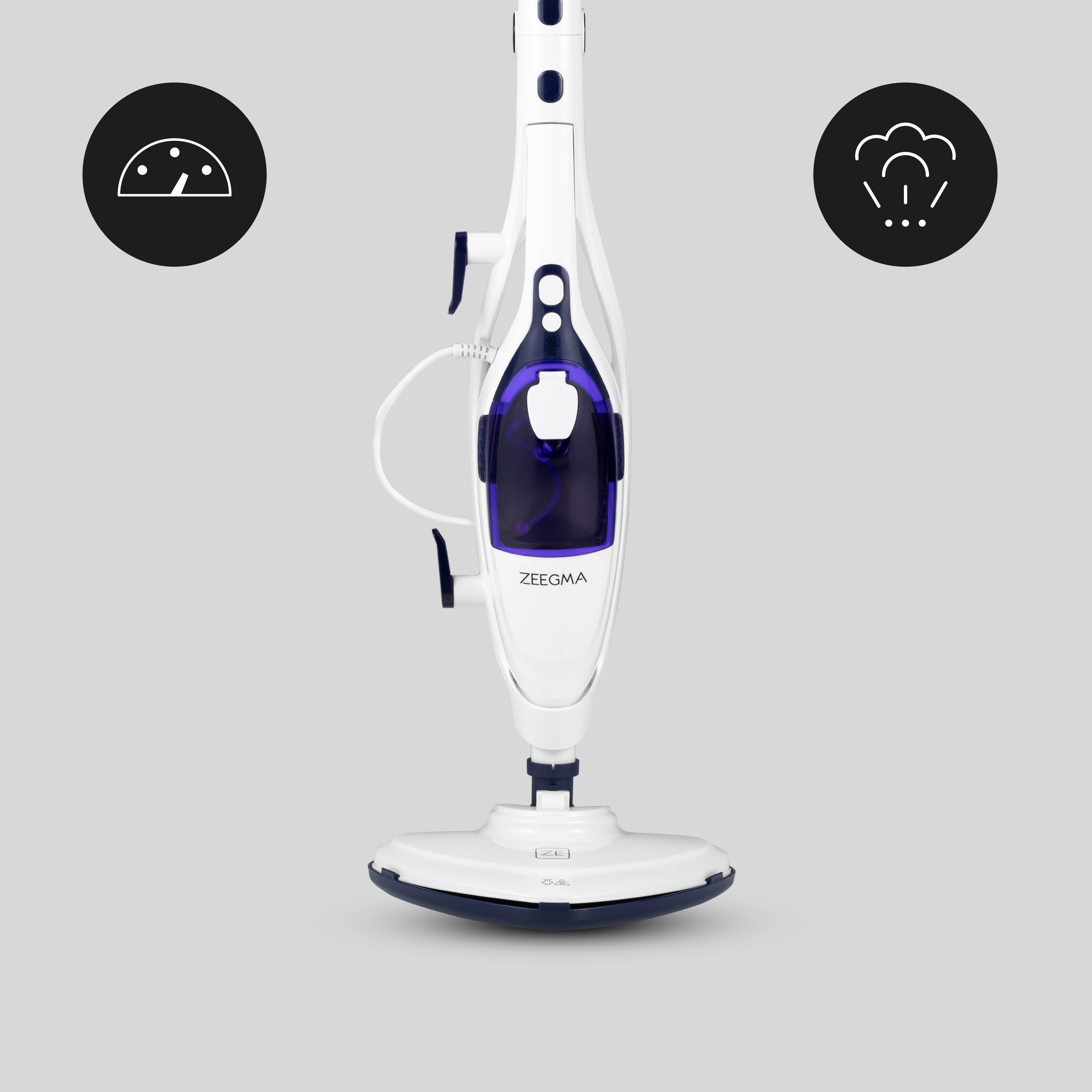 Biało-niebieski mop parowy z okrągłymi ikonami na szarym tle. Marka to ZEEMA.