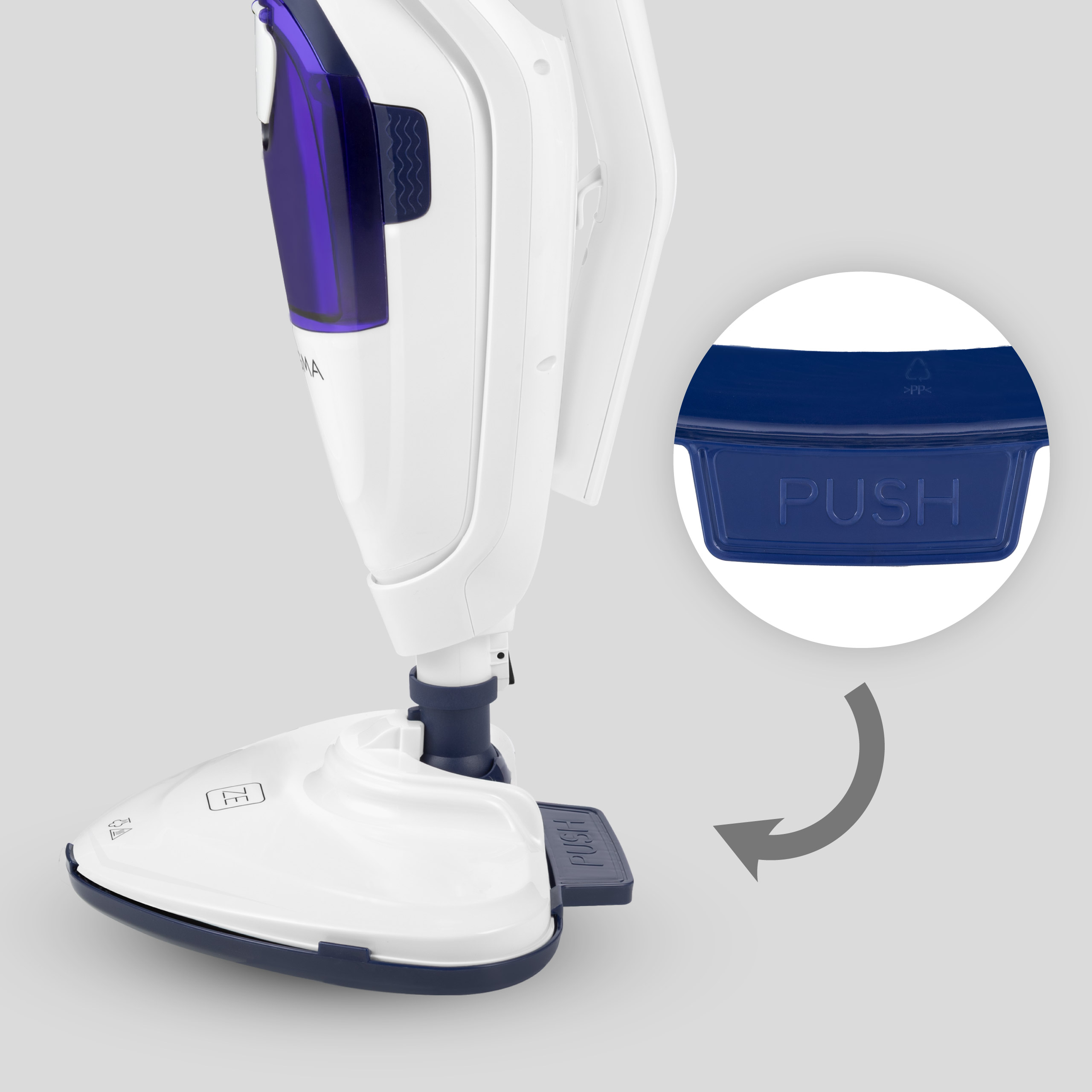 Biało-niebieski odkurzacz parowy. Odłączona niebieska część ze słowem PUSH. Strzałka wskazuje sposób użycia.