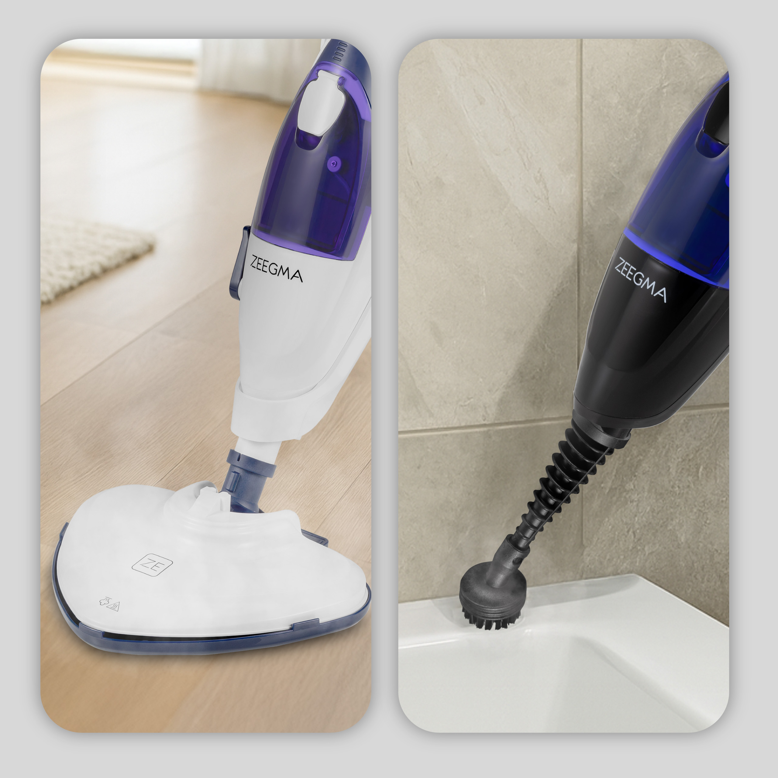 Odkurzacz parowy z białymi i niebieskimi akcentami. Z jednej strony odkurzacz na drewnie, z drugiej na białej powierzchni.