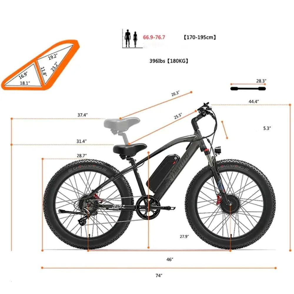 Se muestra una bicicleta eléctrica con medidas. Tiene neumáticos grandes y una batería. También se muestran las dimensiones y el peso.