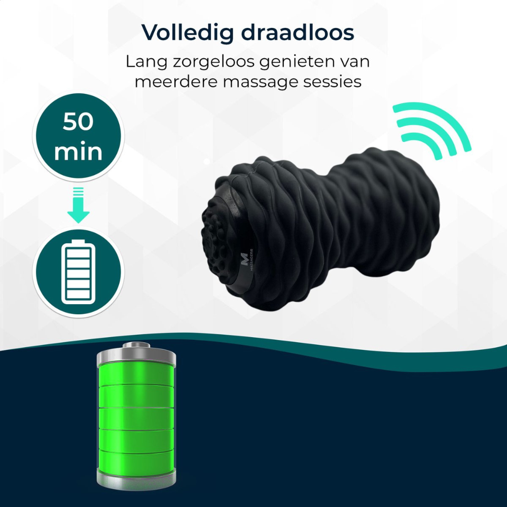 Image shows a black massage roller, battery icon, and a green battery. Text indicates 50 min and wireless use.