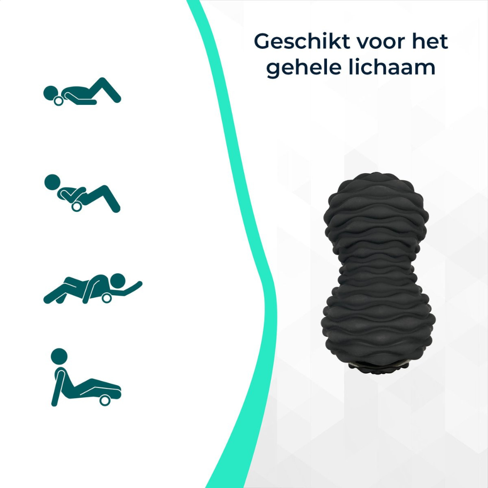 Image shows a black foam roller with exercise diagrams. Text says 'Suitable for the whole body' in Dutch. Blue and white background.