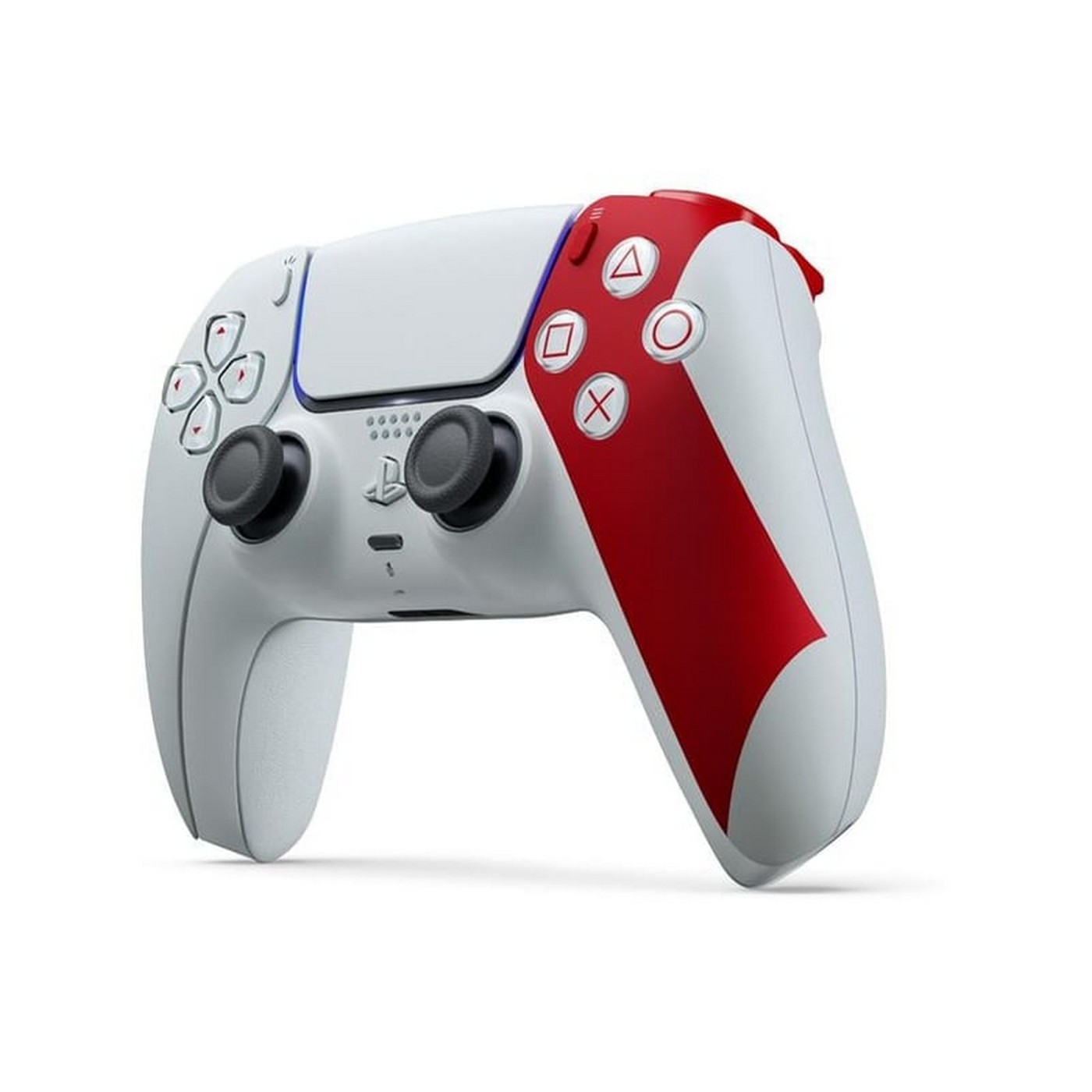 Siyah joystick'ler ve aksiyon düğmeleri olan beyaz ve kırmızı bir PlayStation 5 denetleyicisi. Beyaz bir arka plan üzerinde izole edilmiştir.