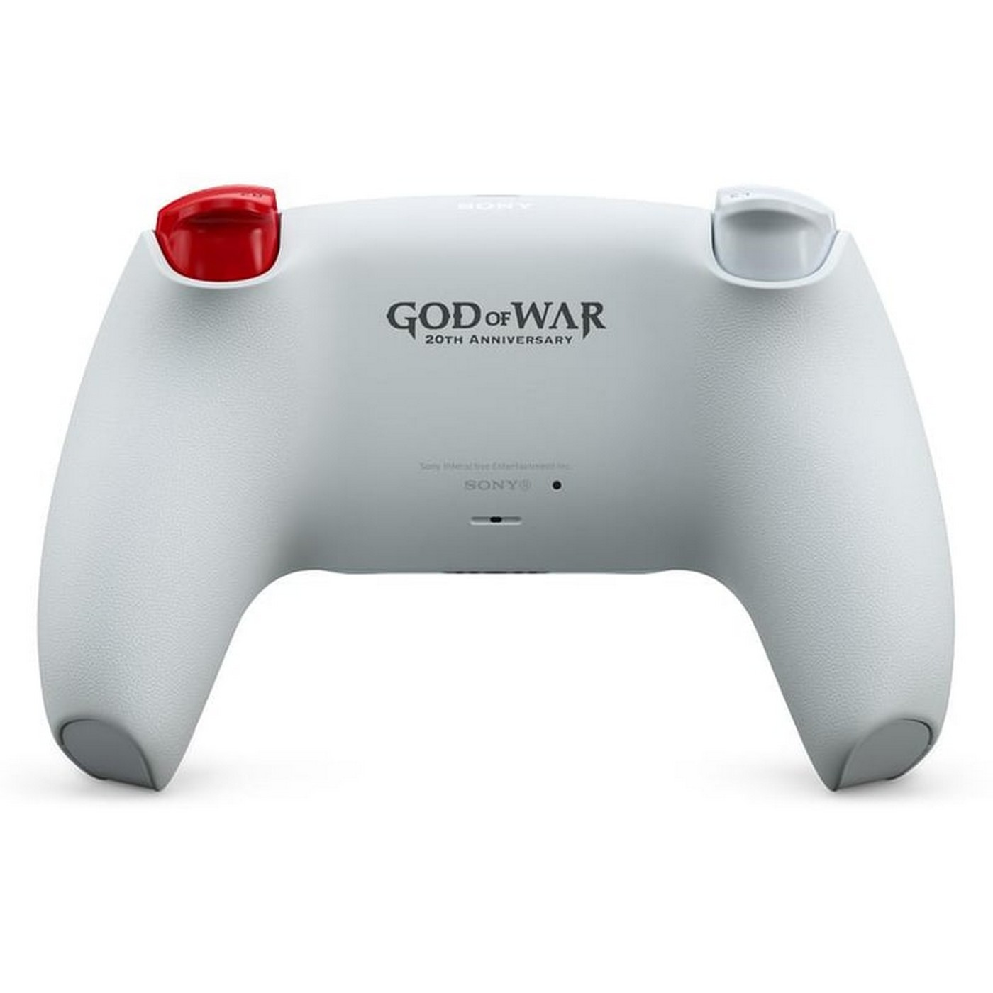 Beyaz bir PlayStation kontrolcüsü, solda kırmızı düğme, sağda gri düğme. 'God of War 20th Anniversary' cihaz üzerine basılmıştır.