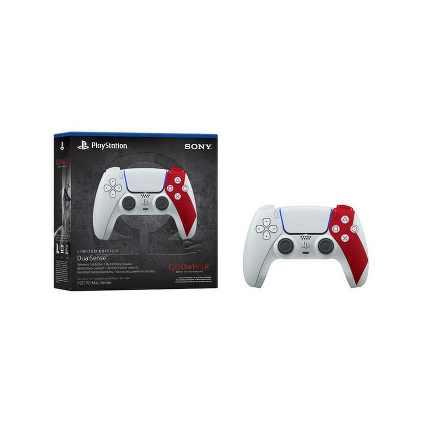 Görüntü, beyaz ve kırmızı bir PlayStation DualSense kontrolcüsü ve kutusunu gösteriyor. Kutuda God of War logosu ve PlayStation logosu var.
