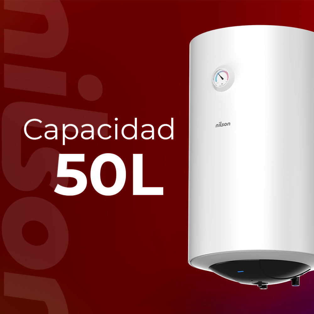 Un calentador de agua blanco con capacidad de 50L. Tiene un medidor de temperatura y la marca 'nilson' impresa.