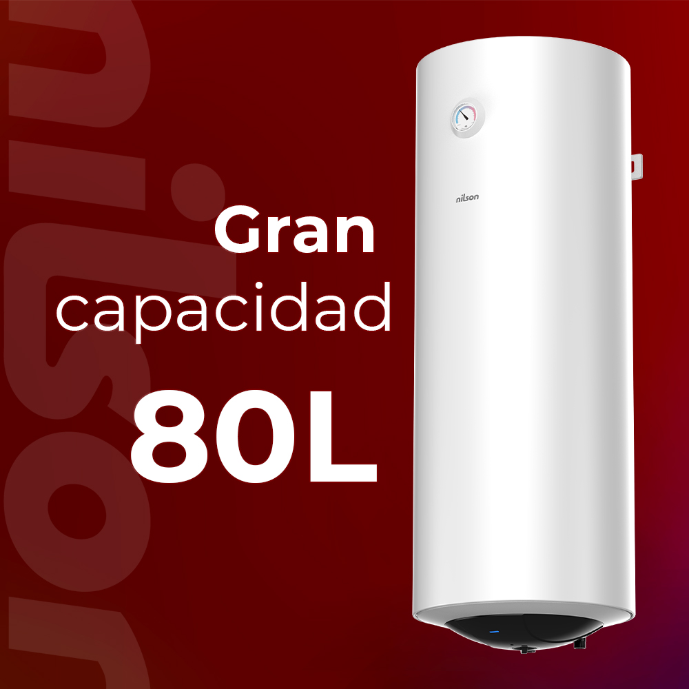 Un calentador de agua blanco con la marca 'nilson'. El texto dice 'Gran capacidad 80L' sobre un fondo rojo.