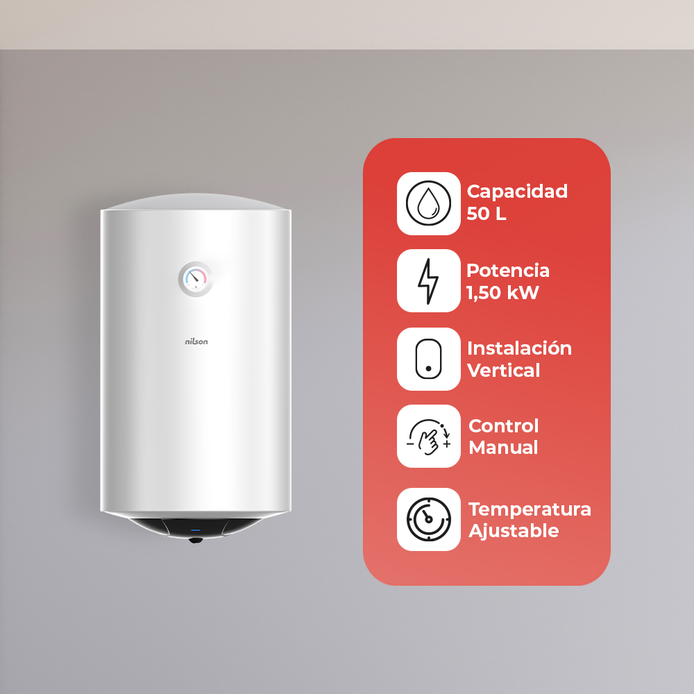 Calentador de agua blanco con tarjeta de información roja. La tarjeta muestra capacidad, potencia, instalación vertical, control manual y temperatura ajustable.