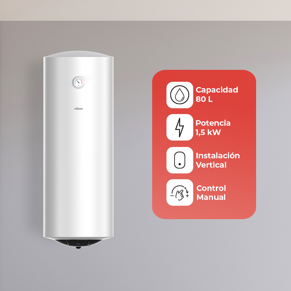 Un calentador de agua blanco con un panel de control y texto en español. Tiene un cuadro rojo con iconos y texto que describe sus características.
