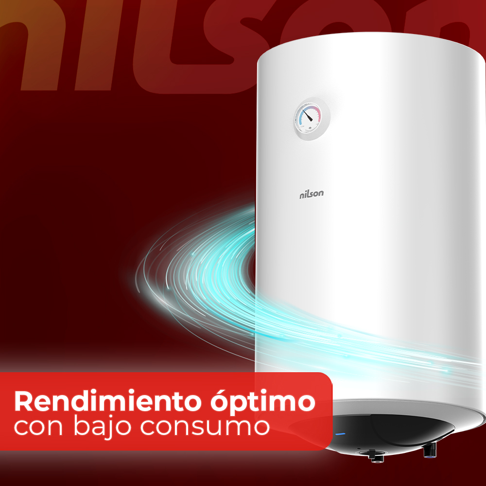 Un calentador de agua blanco con indicador sobre fondo degradado rojo. Texto: 'Rendimiento óptimo con bajo consumo'.