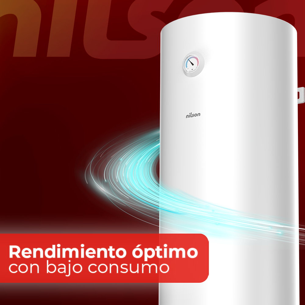 Calentador de agua blanco con indicador, líneas de energía azules y texto rojo sobre fondo rojo que dice 'Rendimiento óptimo con bajo consumo'.
