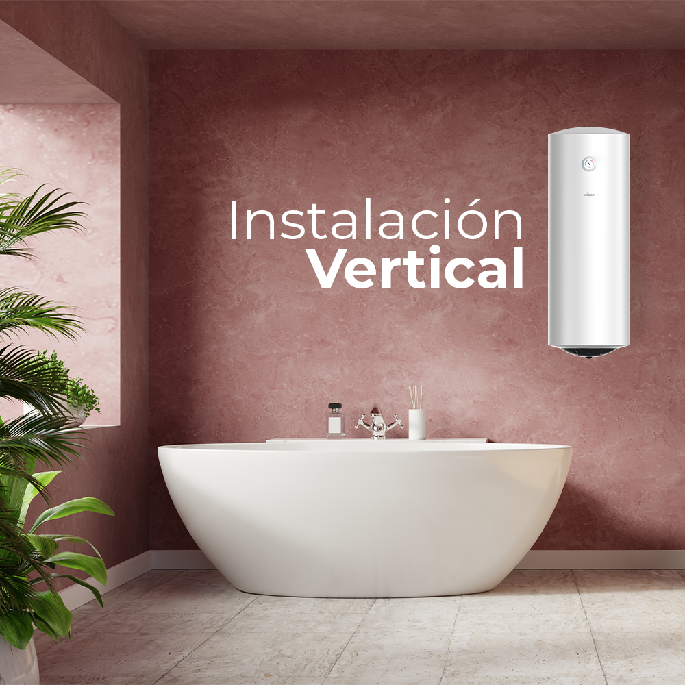 Un baño con bañera blanca, calentador de agua y planta. La pared es rosa y el texto dice 'Instalación Vertical'.