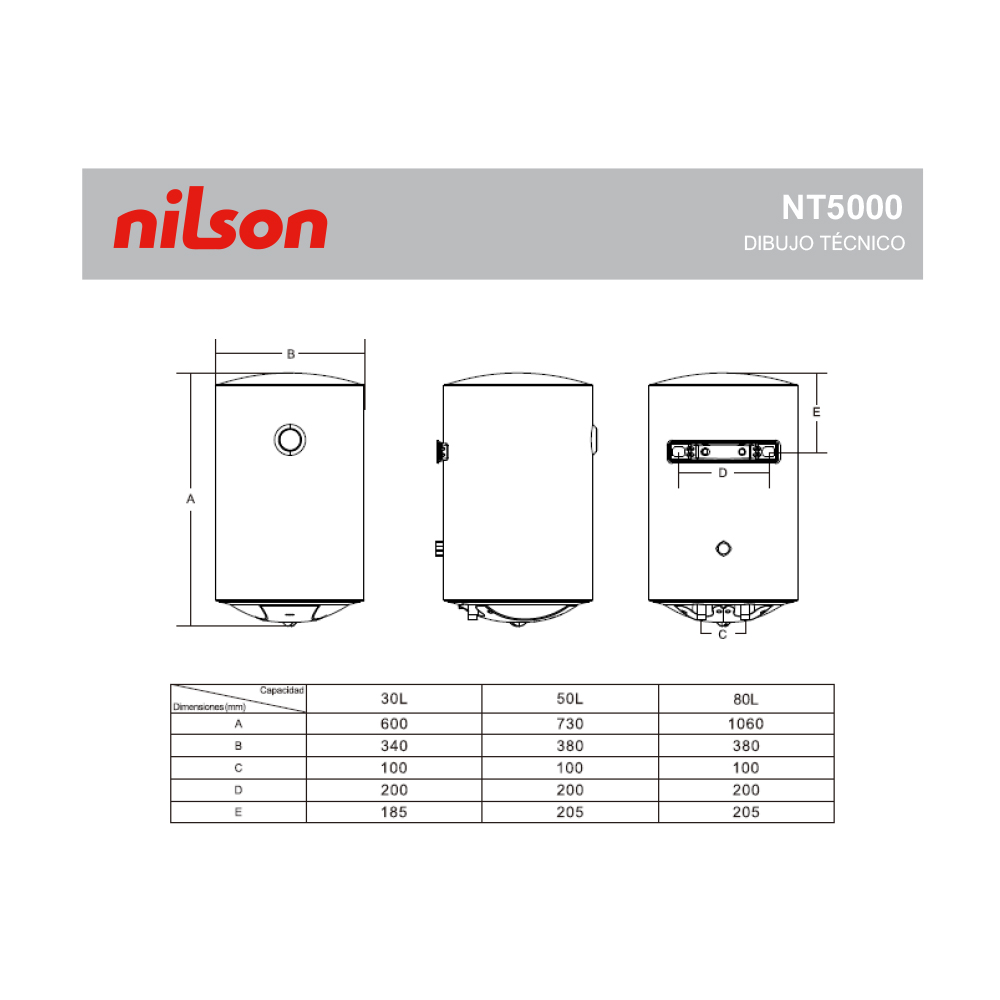 Dibujo técnico de un calentador de agua Nilson NT5000 con dimensiones y capacidad, con tres vistas y una tabla de tamaños.