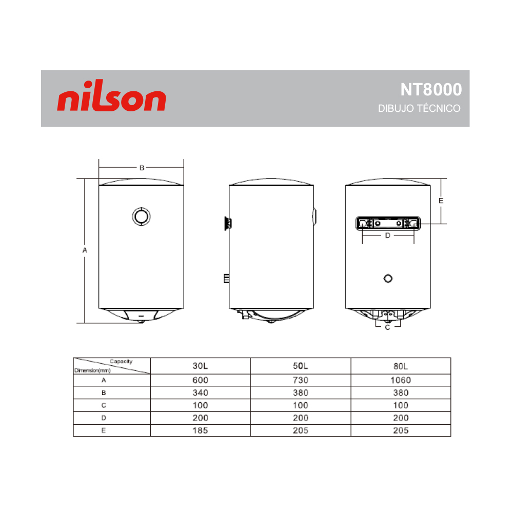 Dibujo técnico de un calentador de agua Nilson, mostrando dimensiones y especificaciones para modelos de 30L, 50L y 80L.