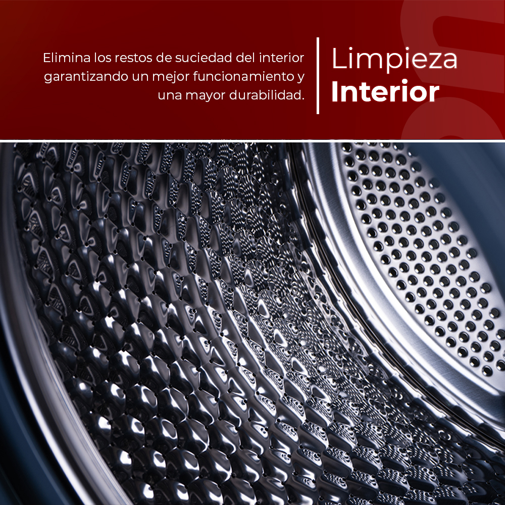 Primer plano del interior del tambor de una lavadora, textura metálica con agujeros redondos. Texto: Limpieza Interior.