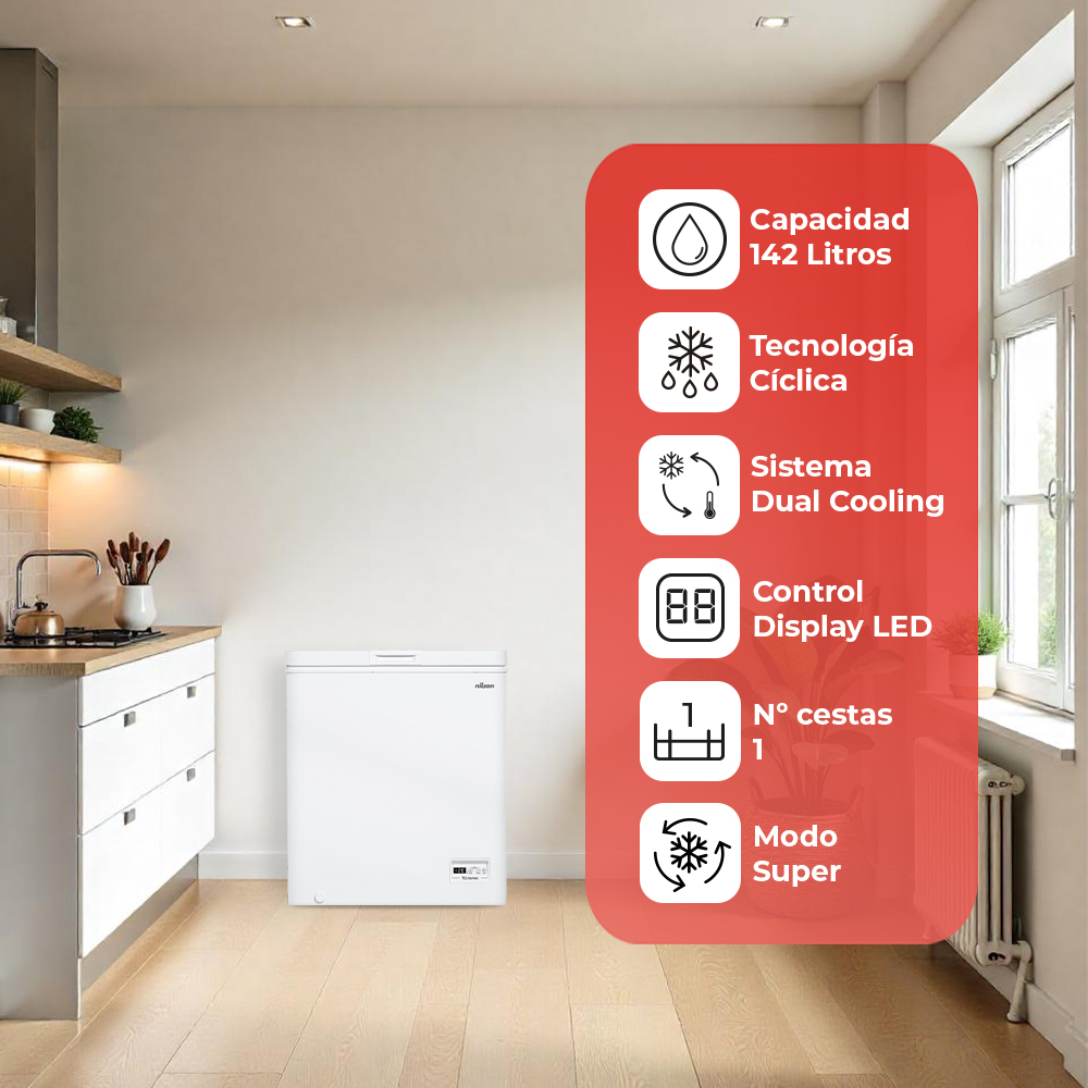 Un congelador blanco en una cocina. Panel de información a la derecha con detalles como capacidad, sistema de enfriamiento y control.