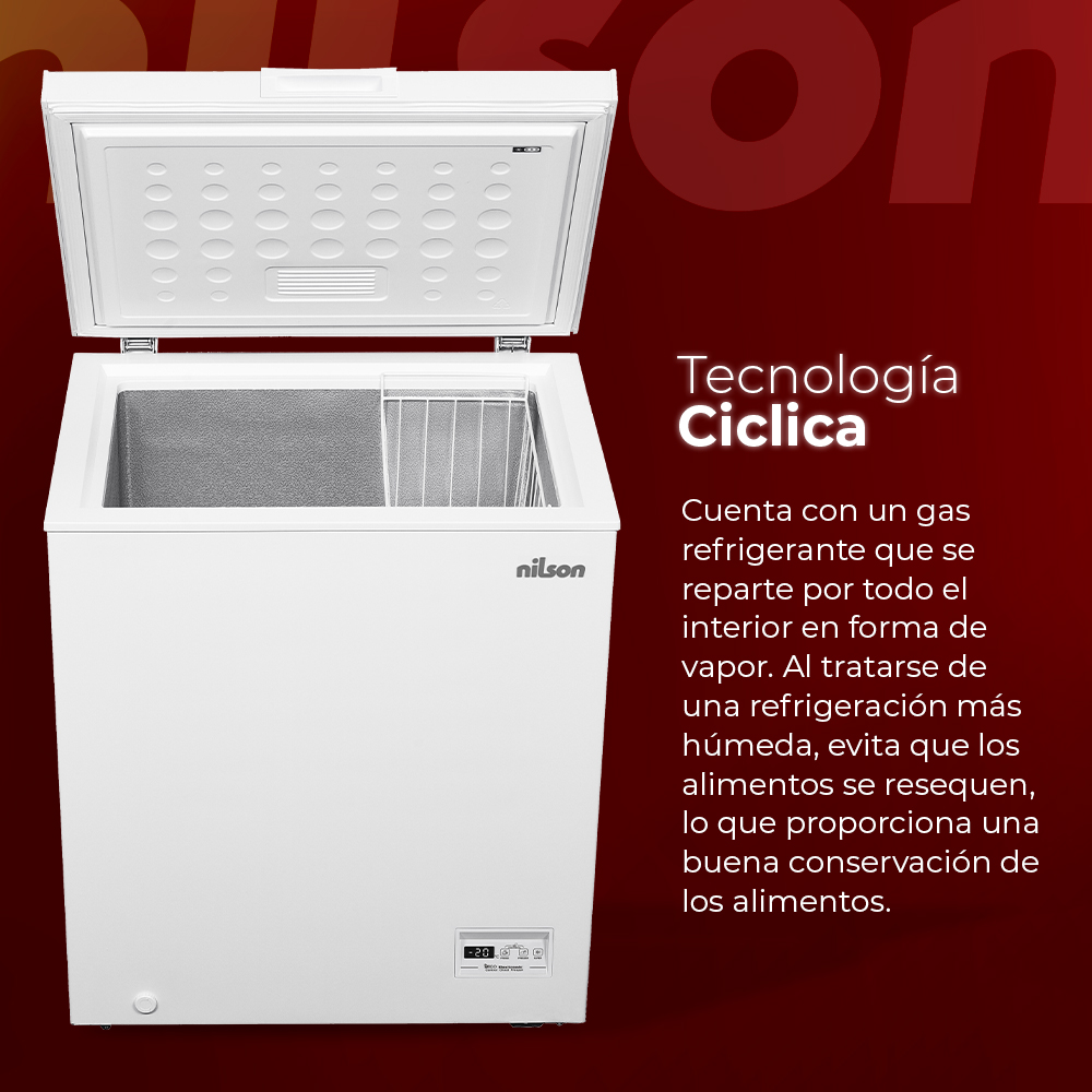 Congelador blanco abierto con estante interno de alambre. Texto a la derecha describe la tecnología de enfriamiento cíclico.