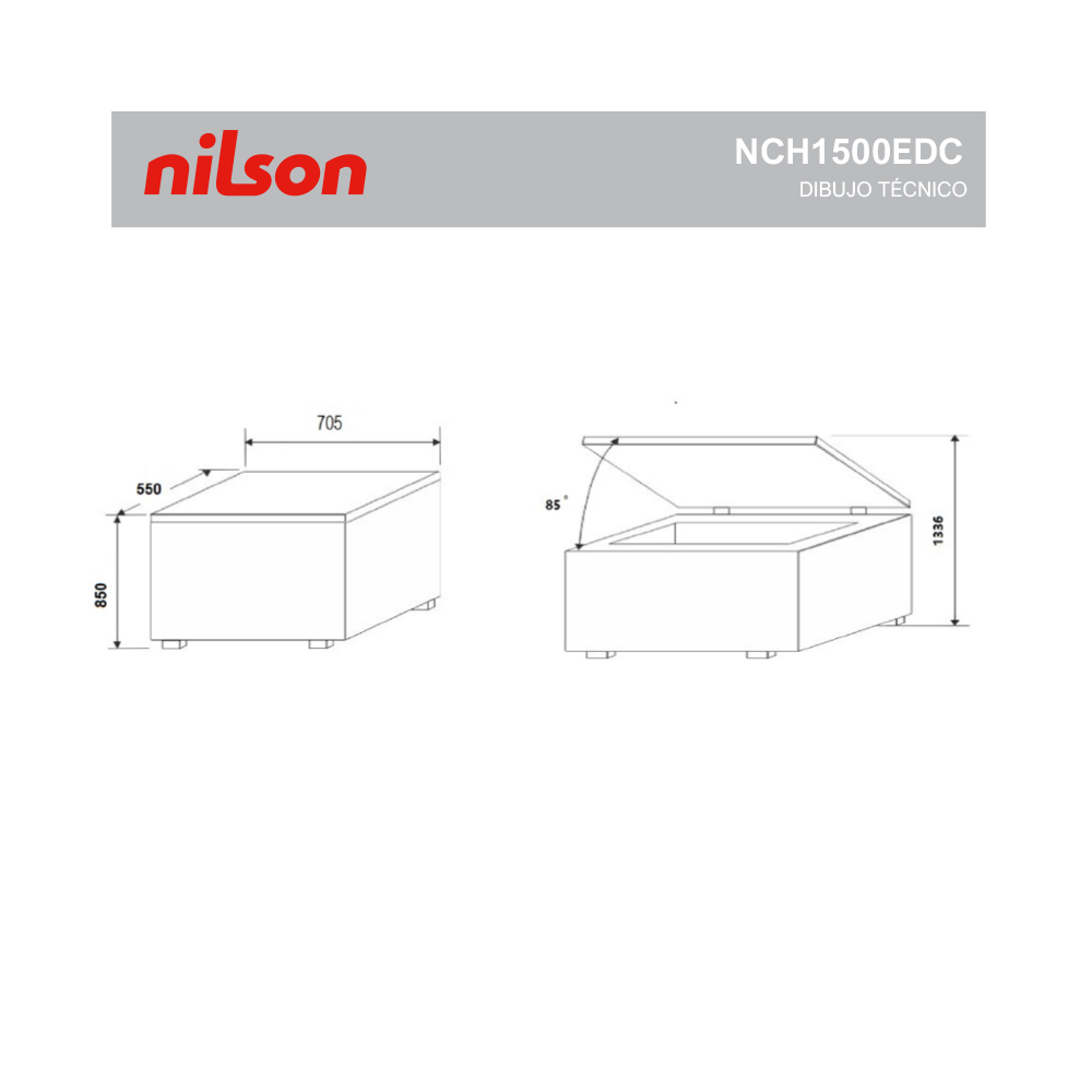 Un dibujo técnico de un congelador Nilson. Muestra dos vistas: una cerrada y otra con la tapa abierta, etiquetadas con dimensiones.