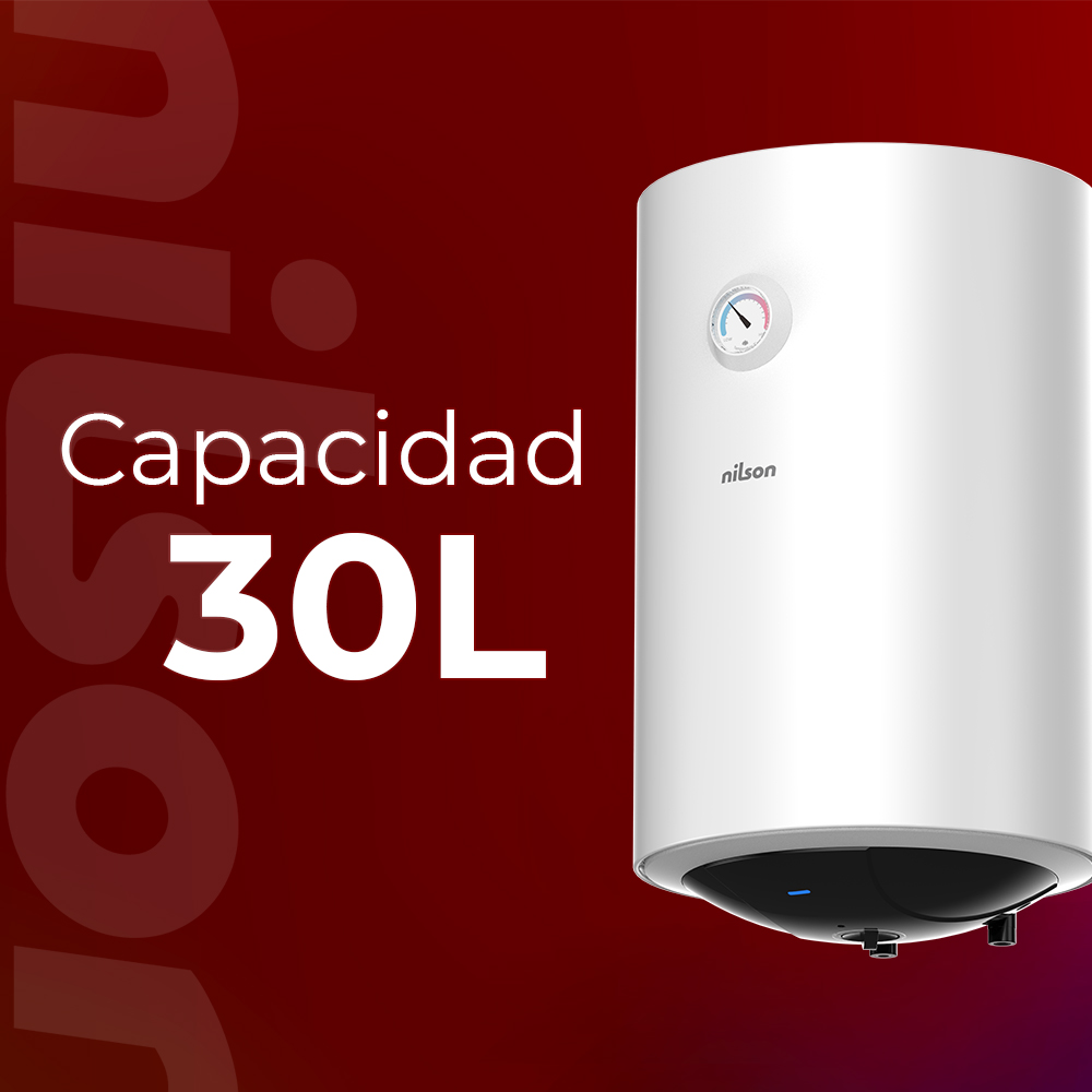 Un calentador de agua blanco con una capacidad de 30L. Tiene un medidor de temperatura y la marca 'nilson'. El fondo es rojo.
