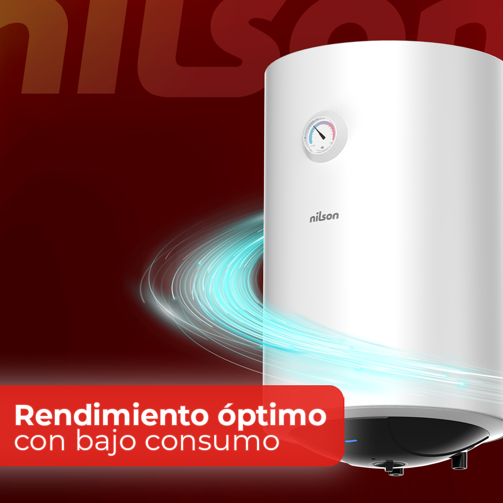 Un calentador de agua blanco con indicador sobre fondo rojo. Texto: 'Rendimiento óptimo con bajo consumo' (Rendimiento óptimo con bajo consumo).
