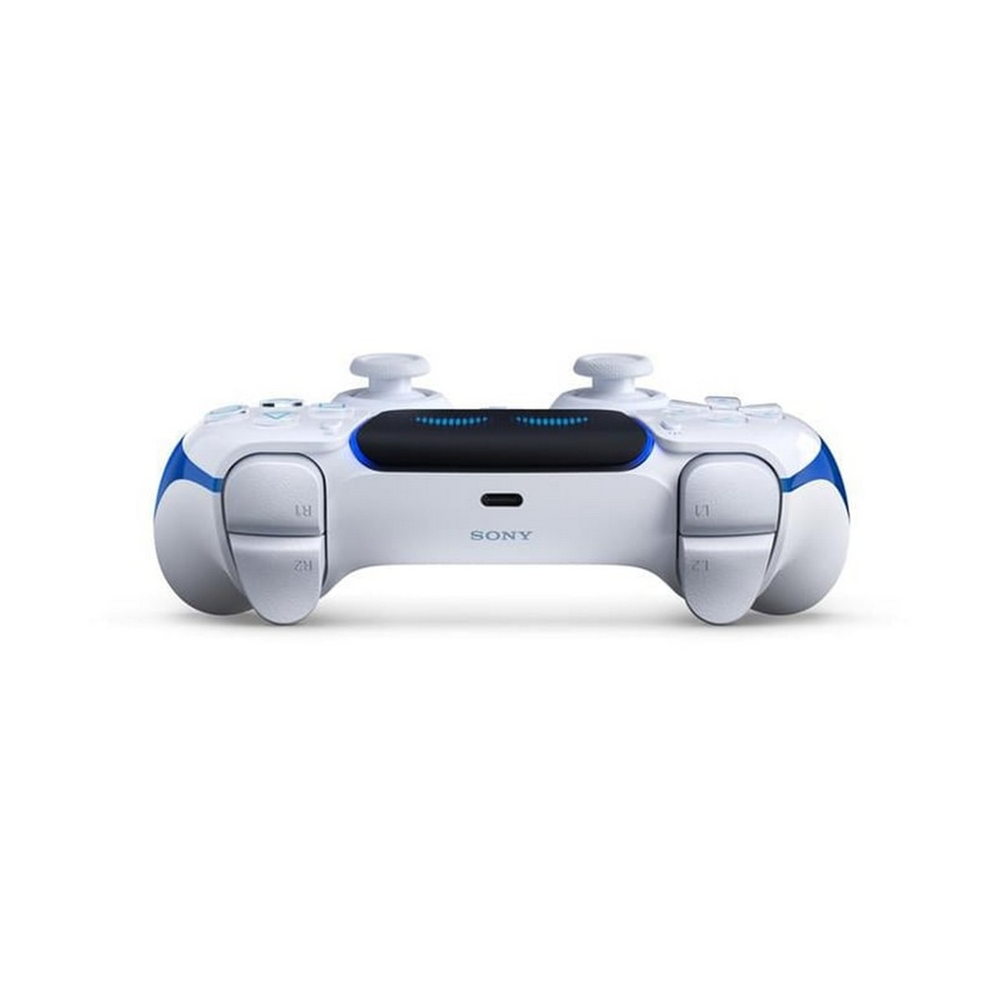 Beyaz ve mavi bir PlayStation 5 kontrolcüsü, beyaz bir arka plan üzerinde düğmeler, joystickler ve Sony logosu ile.