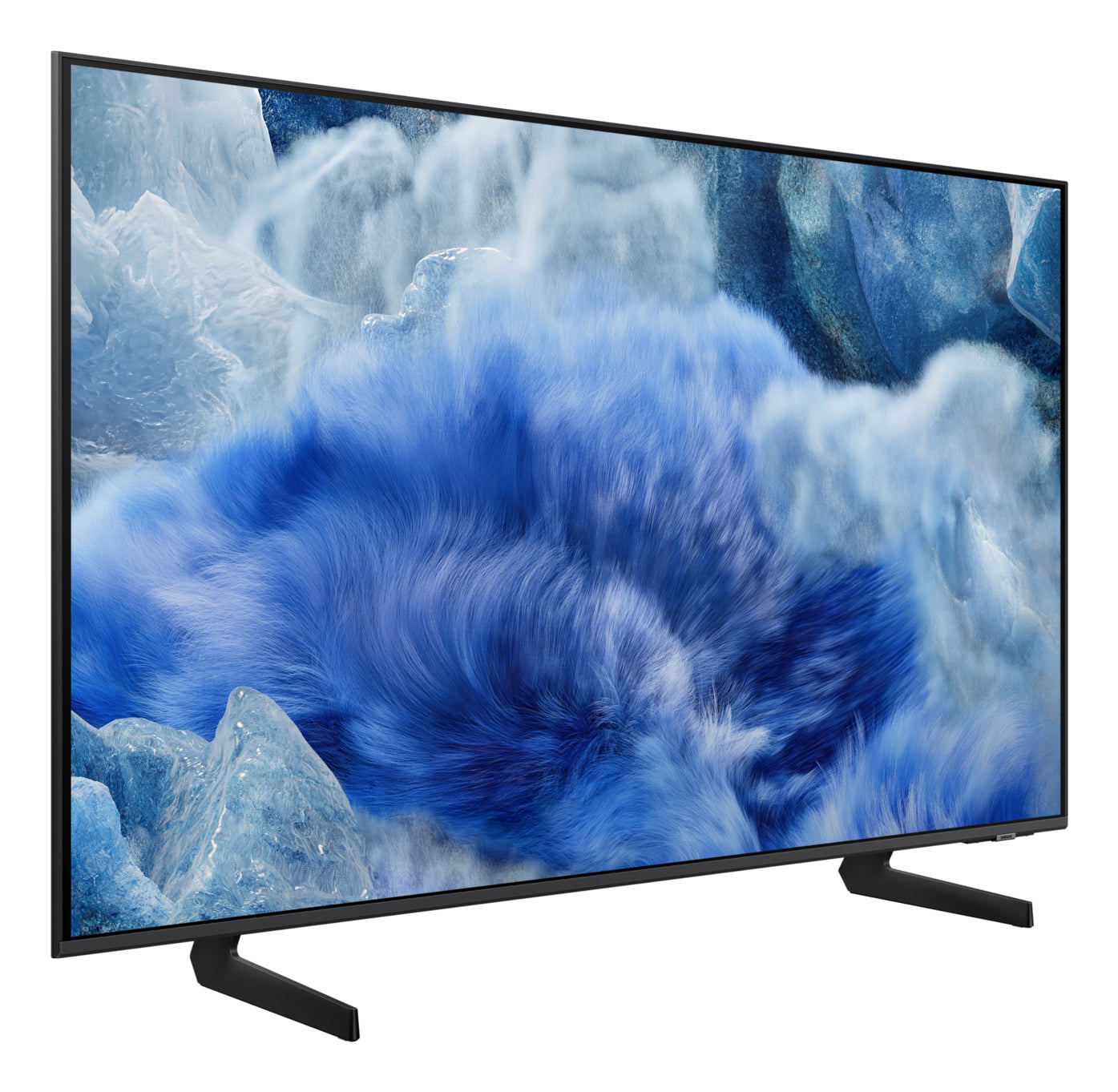 Une grande télévision moderne avec une image abstraite bleue et blanche sur l'écran. Elle a des pieds noirs, en biais.