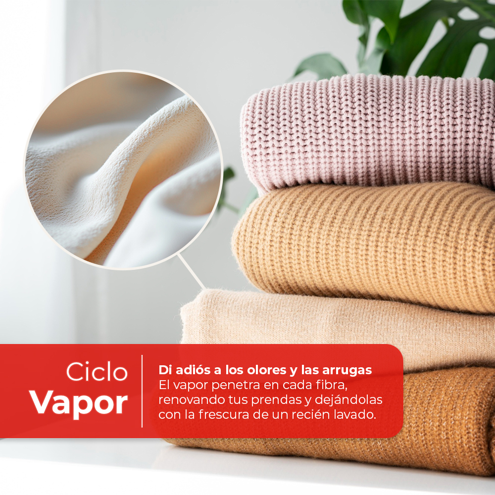 Una pila de suéteres doblados de varios colores, con un primer plano de una tela blanca. Superposición de texto en español describe un ciclo de vapor.