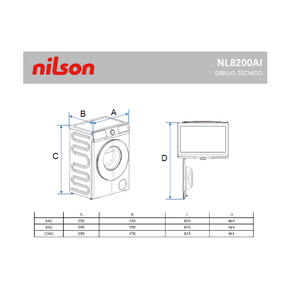 Diagrama de una lavadora Nilson. Las dimensiones están etiquetadas A, B, C y D. Una tabla muestra las dimensiones de los modelos 6KG, 8KG y 10KG.
