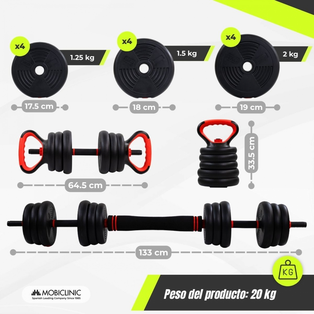 La imagen muestra equipos de halterofilia: mancuernas, discos de pesas y una pesa rusa. Pesas negras con asas rojas. Se proporcionan medidas.