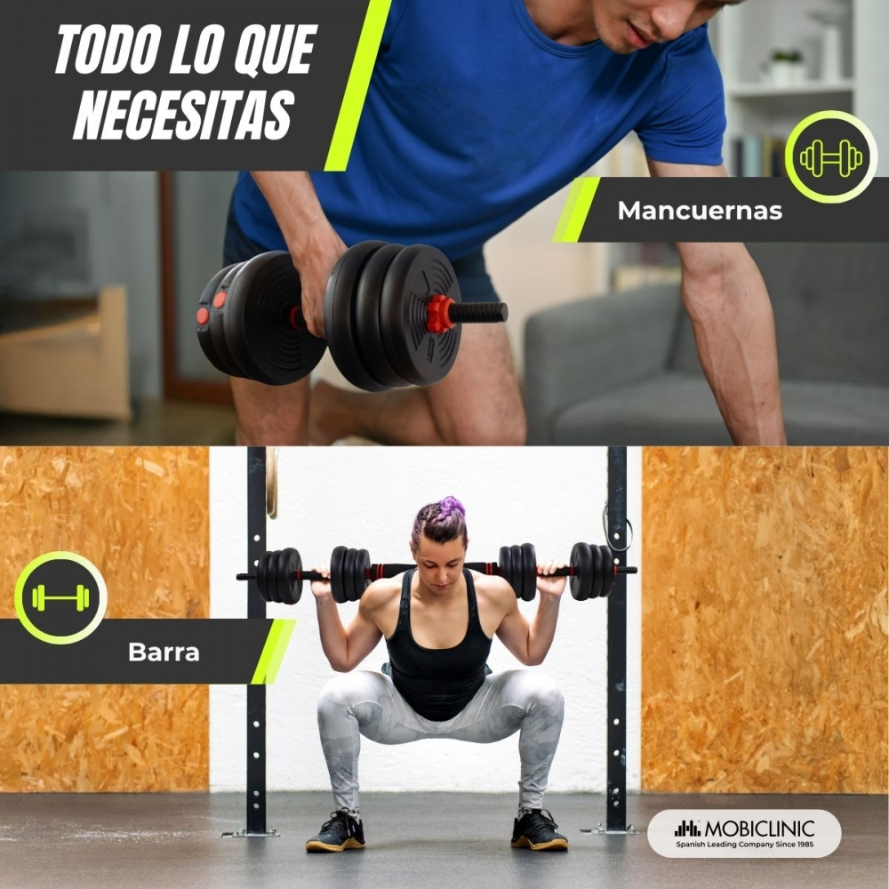 La imagen muestra a un hombre con mancuernas y una mujer haciendo sentadillas con una barra. El enfoque son los equipos de fitness.