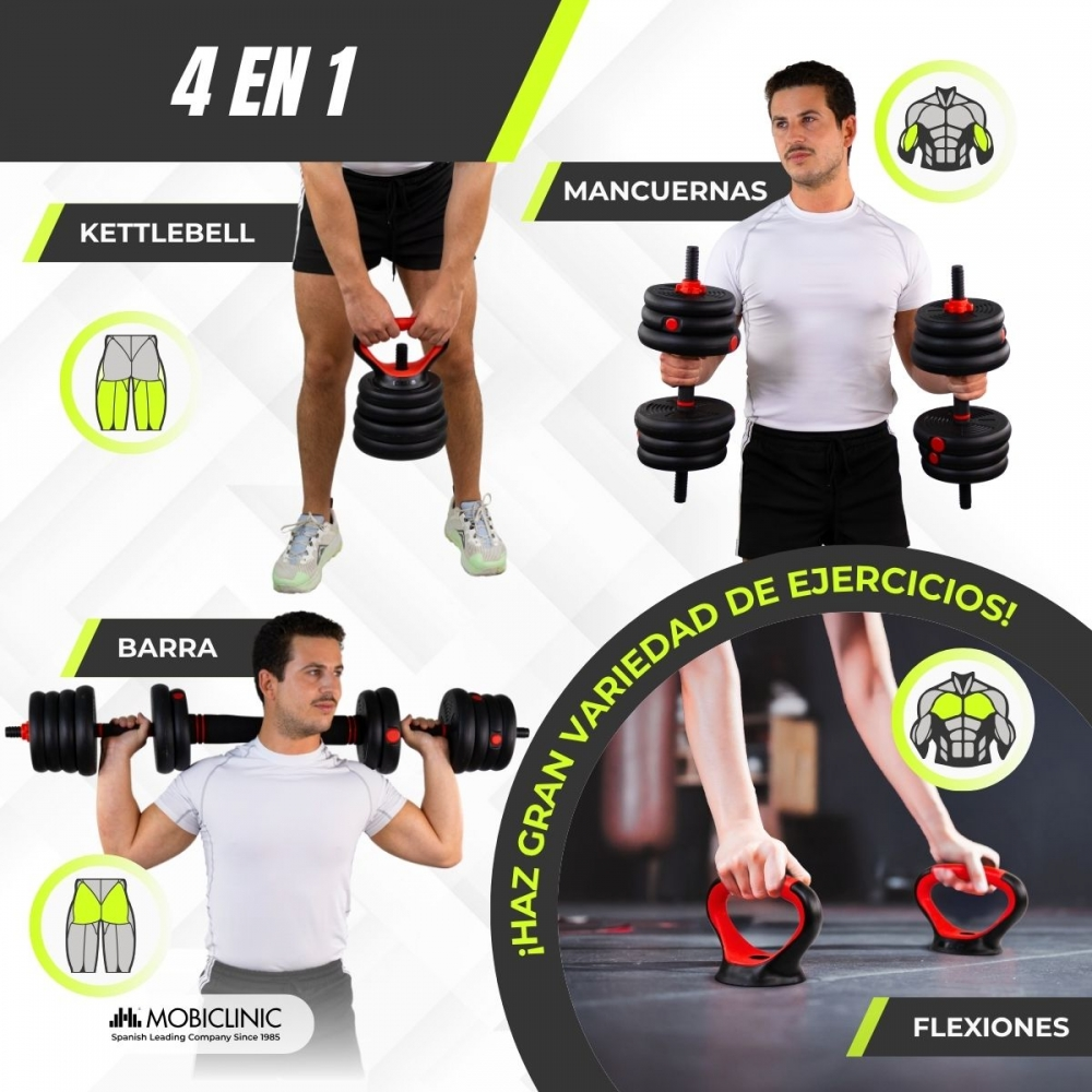 La imagen muestra un equipo de ejercicio 4 en 1: Kettlebell, mancuernas, barra y mangos para flexiones. Personas demuestran su uso.