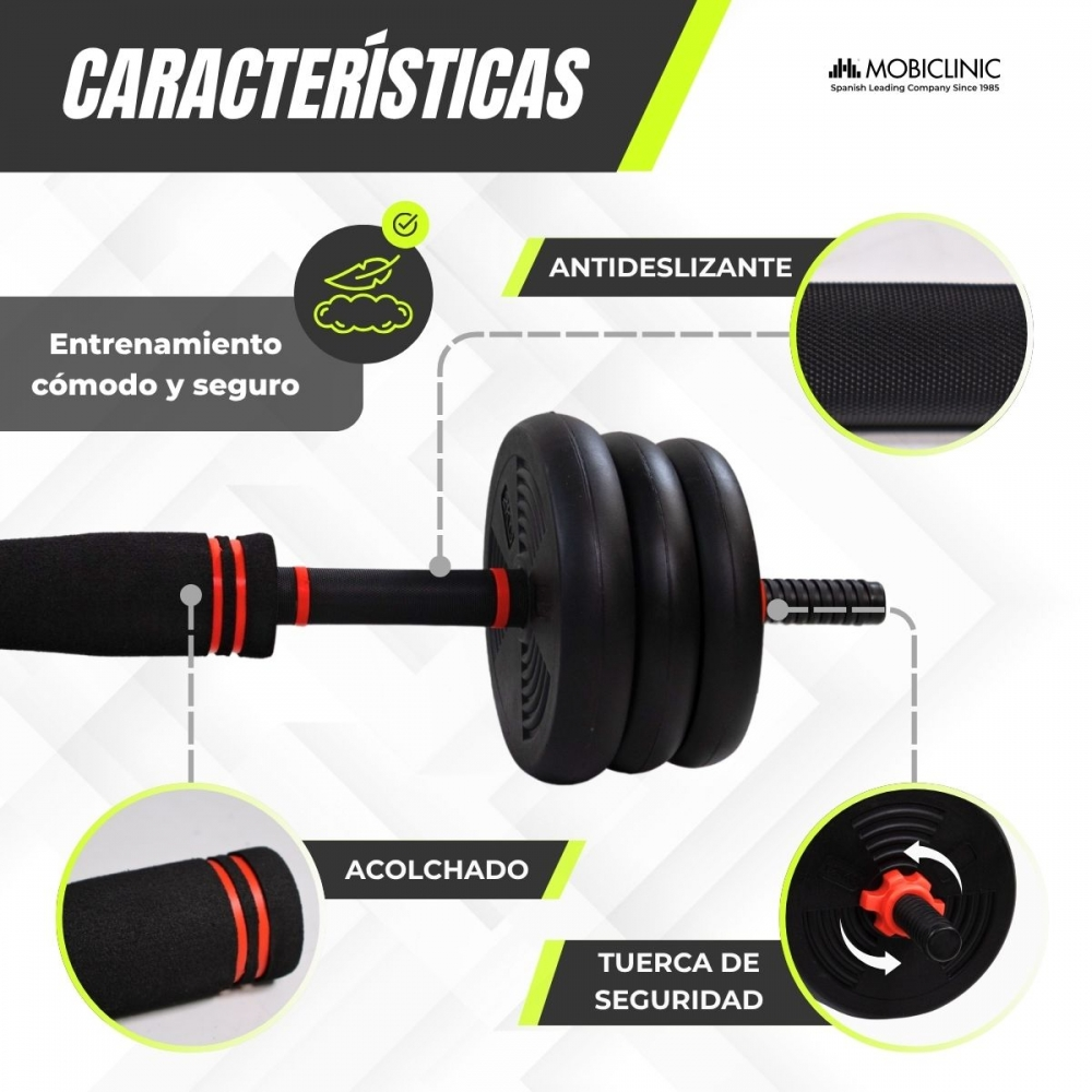 Mancuerna negra con detalles rojos, incluye agarres acolchados, diseño antideslizante y cierre de seguridad. La imagen muestra características clave.