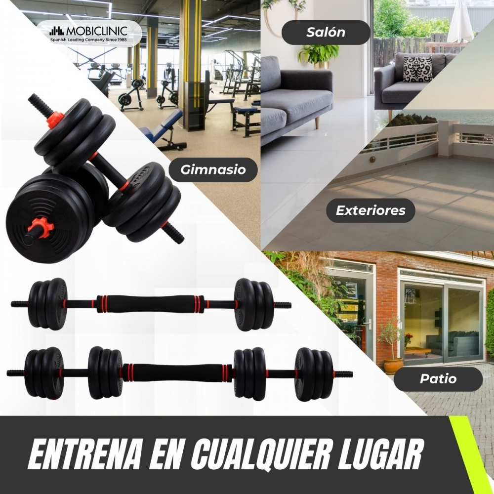 La imagen muestra pesas, gimnasio, sala de estar, exterior y patio. El texto dice: 'Entrena en cualquier lugar'.