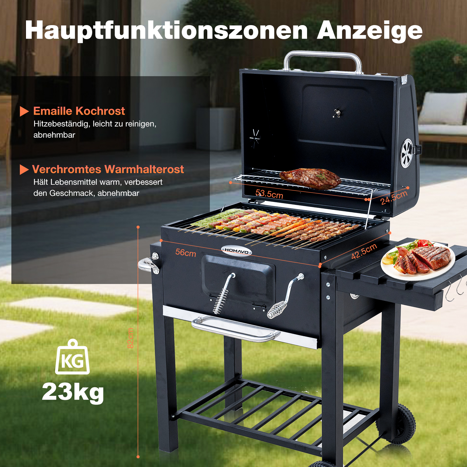 Ein schwarzer Grill mit Essen auf dem Grill und einem Beistelltisch. Es hat ein Gewicht von 23 kg. Der Grill hat einen Deckel.