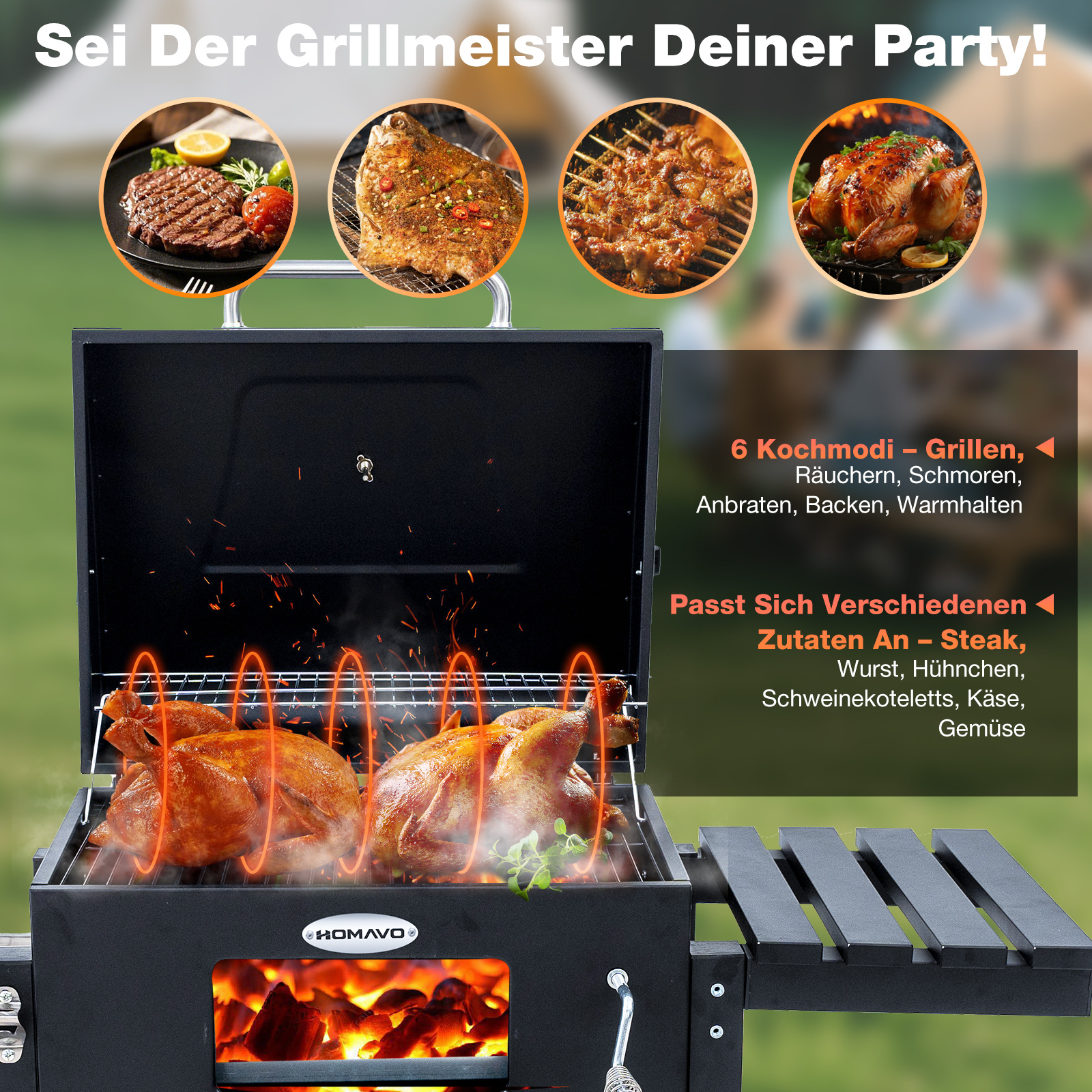 Ein Grill mit gegrilltem Hähnchen und verschiedenen Essensbildern. Text: Grillmeister. Vielseitige Kochmodi und Speisenoptionen sind aufgelistet.