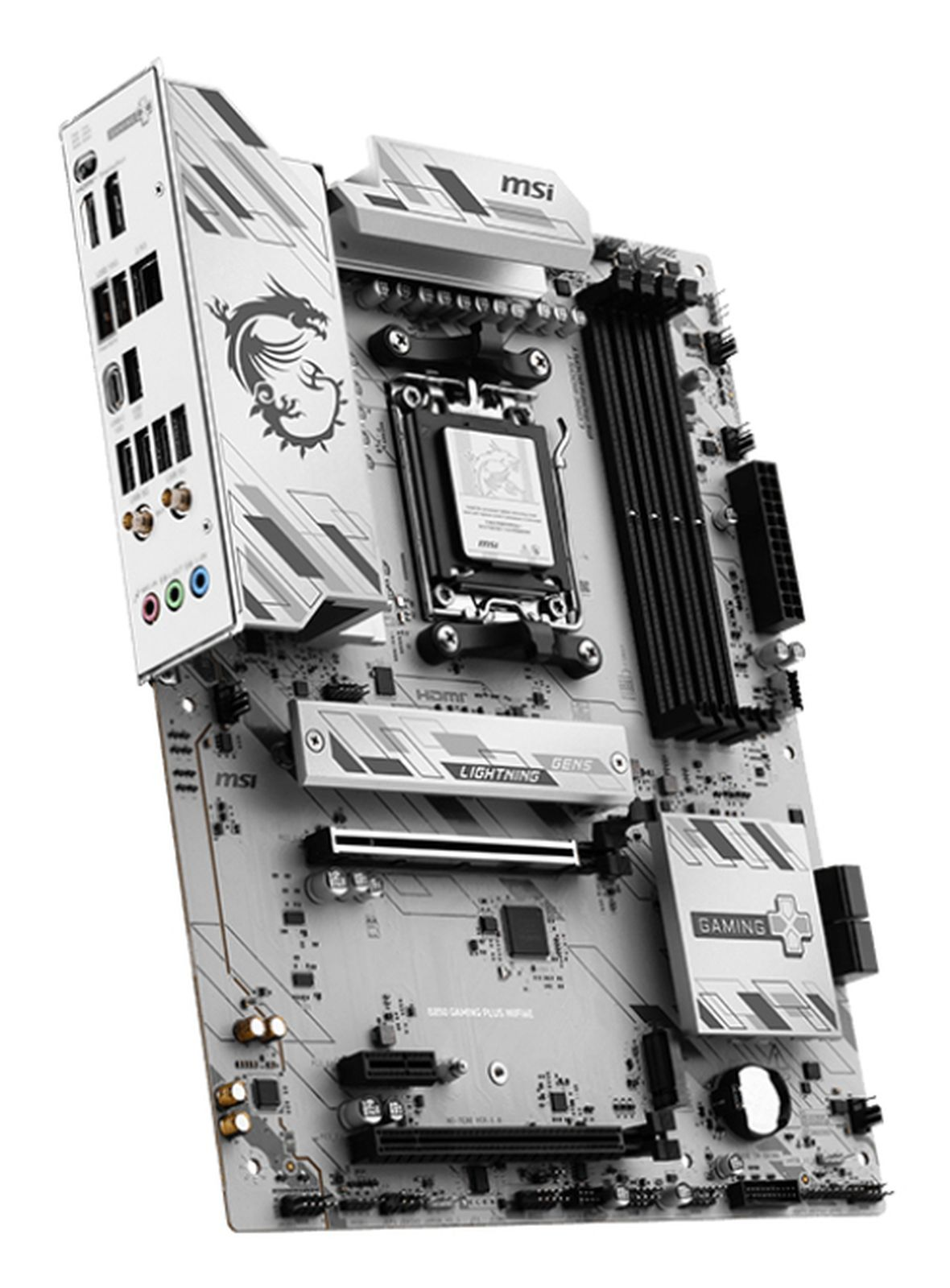 Płyta główna komputera, z logo MSI i grafiką smoka, z różnymi gniazdami i portami, na białym tle.