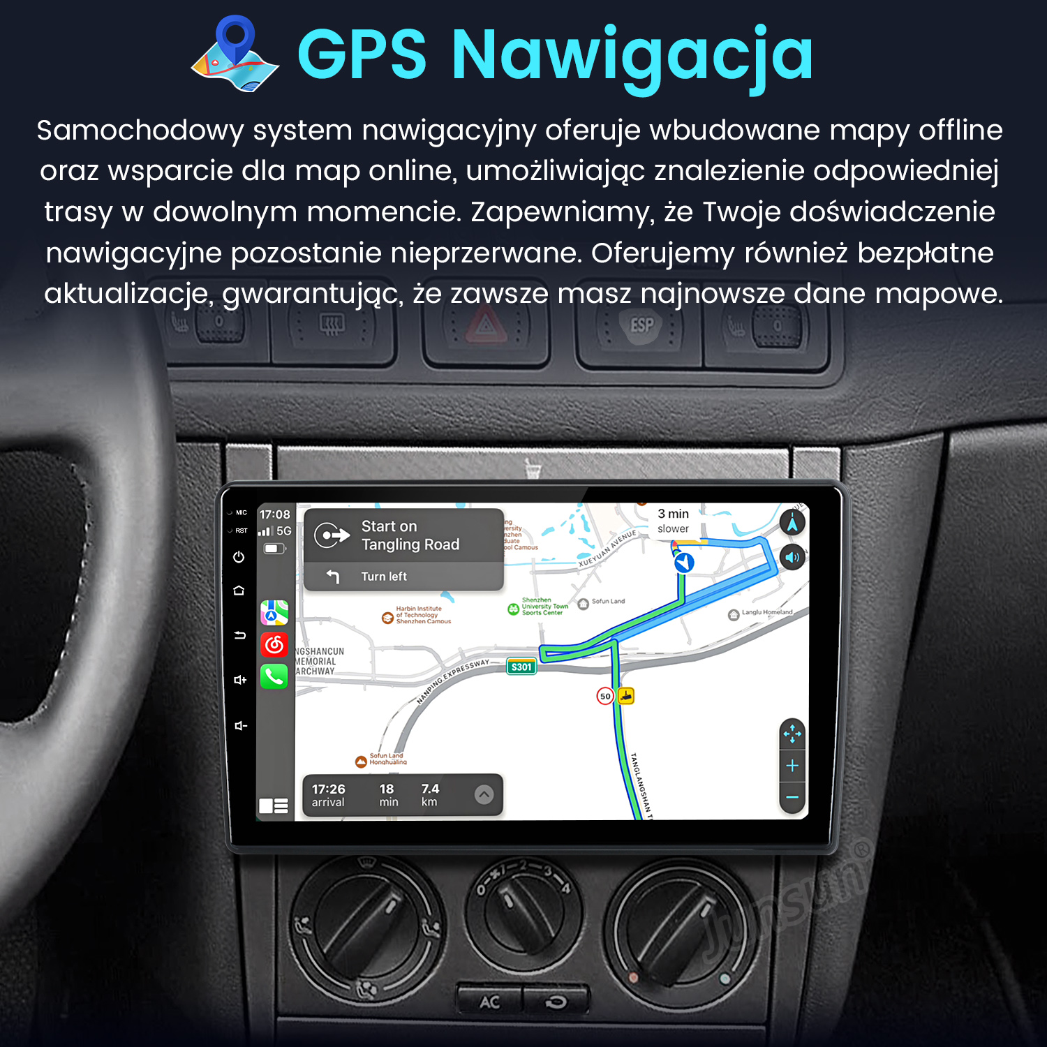 Deska rozdzielcza samochodu z nawigacją GPS i mapą. Ekran pokazuje trasę.