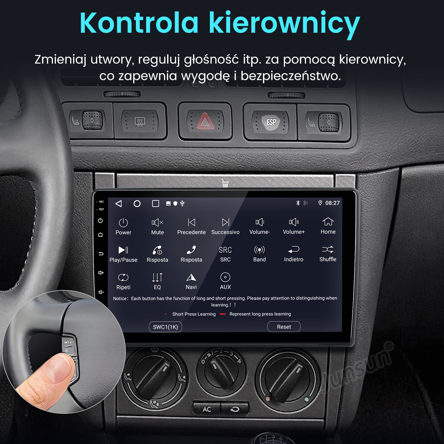 Wnętrze samochodu z centralnym wyświetlaczem. Ręka naciska przycisk na kierownicy. Wyświetlacz pokazuje różne opcje sterowania.