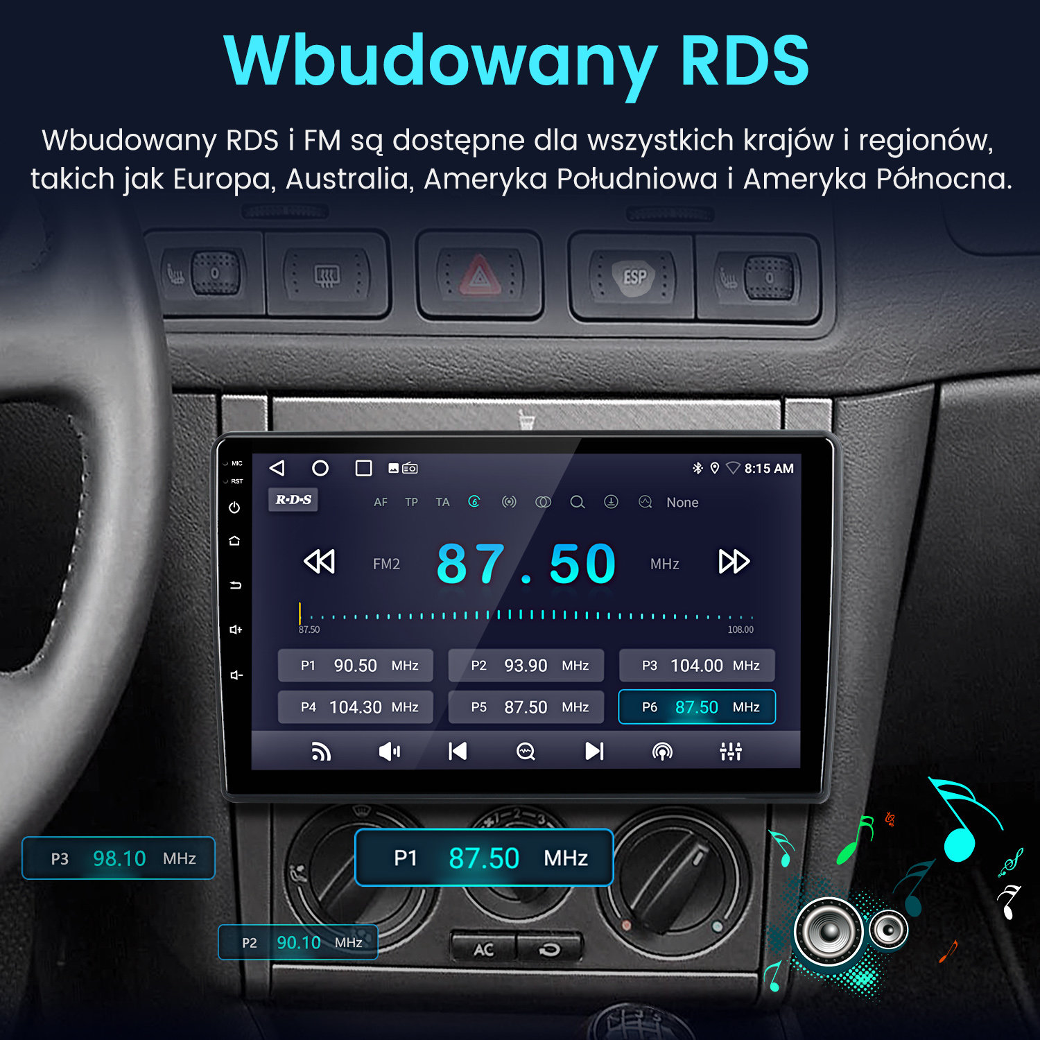 Ekran radia samochodowego wyświetlający informacje radiowe FM. Pokazuje częstotliwość 87,50 MHz. Widoczne przyciski i wnętrze samochodu.