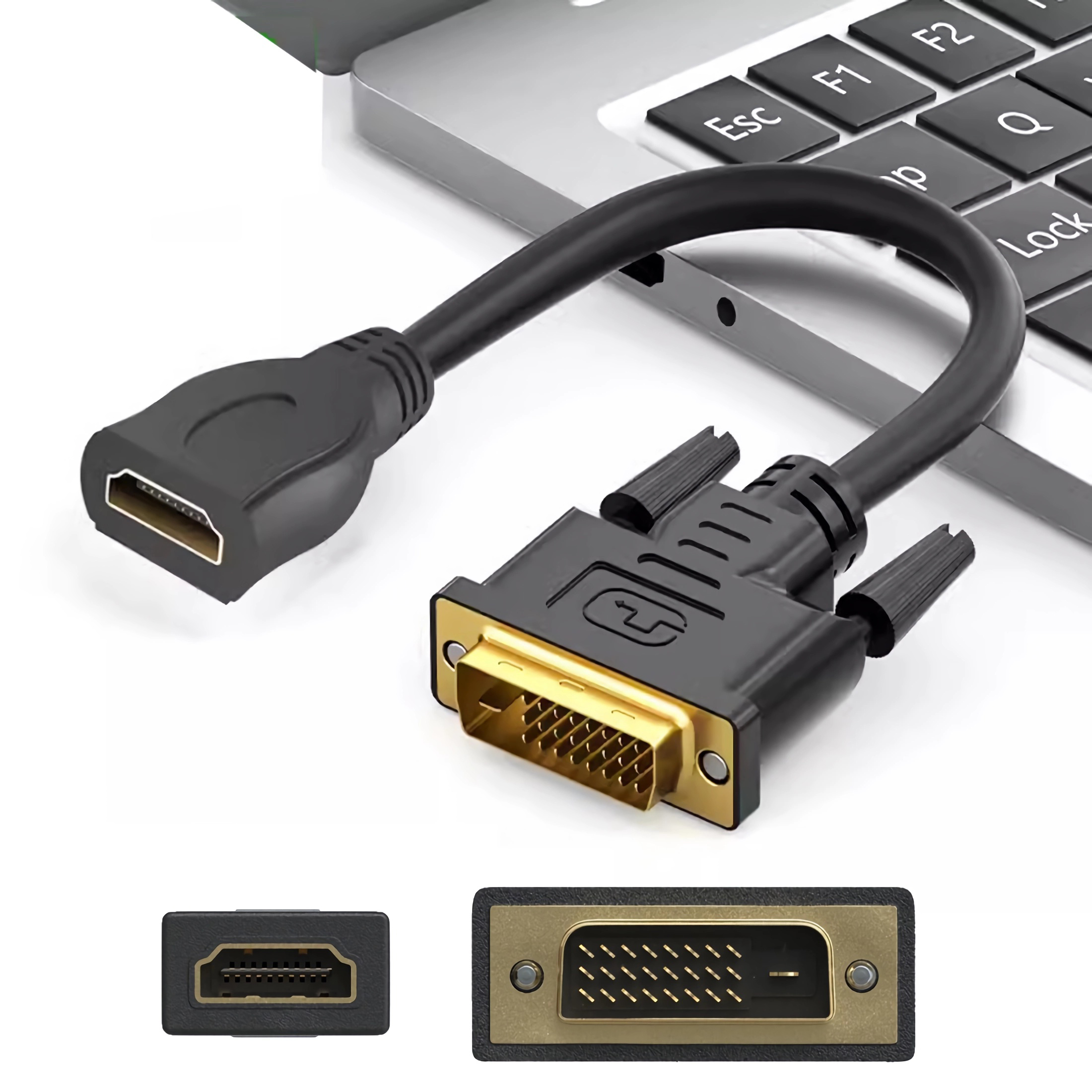 Schwarzes HDMI-zu-DVI-Adapterkabel, an eine Laptop-Tastatur angeschlossen. Nahaufnahmen beider Anschlüsse werden angezeigt.