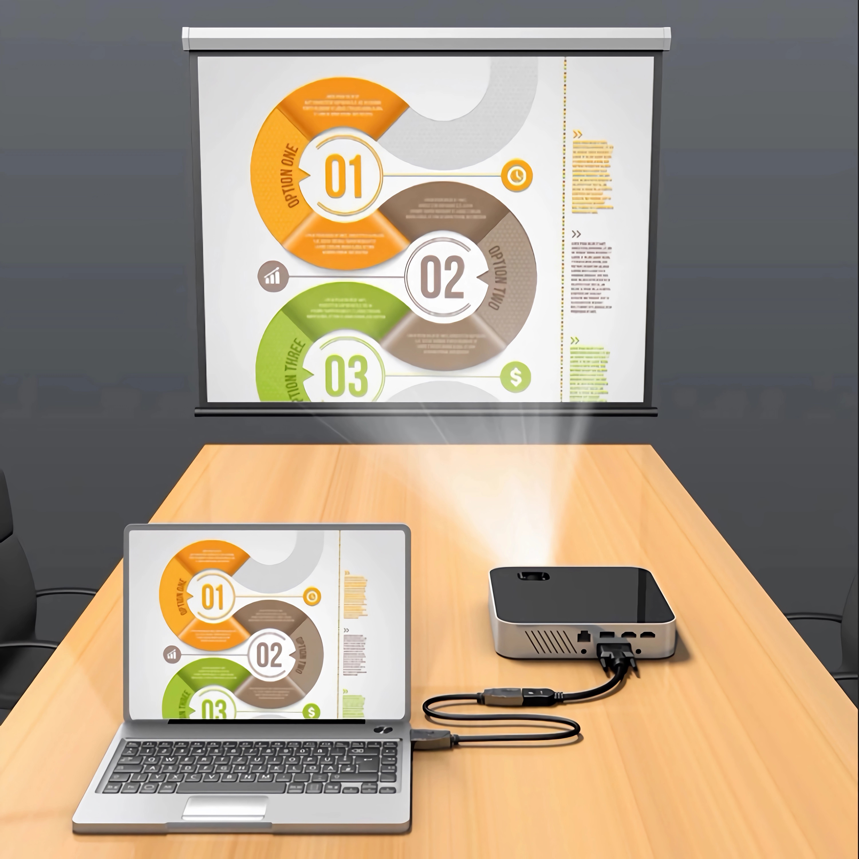 Ein Laptop zeigt ein Diagramm, das auch auf eine Leinwand projiziert wird. Ein Projektor ist mit dem Laptop verbunden.