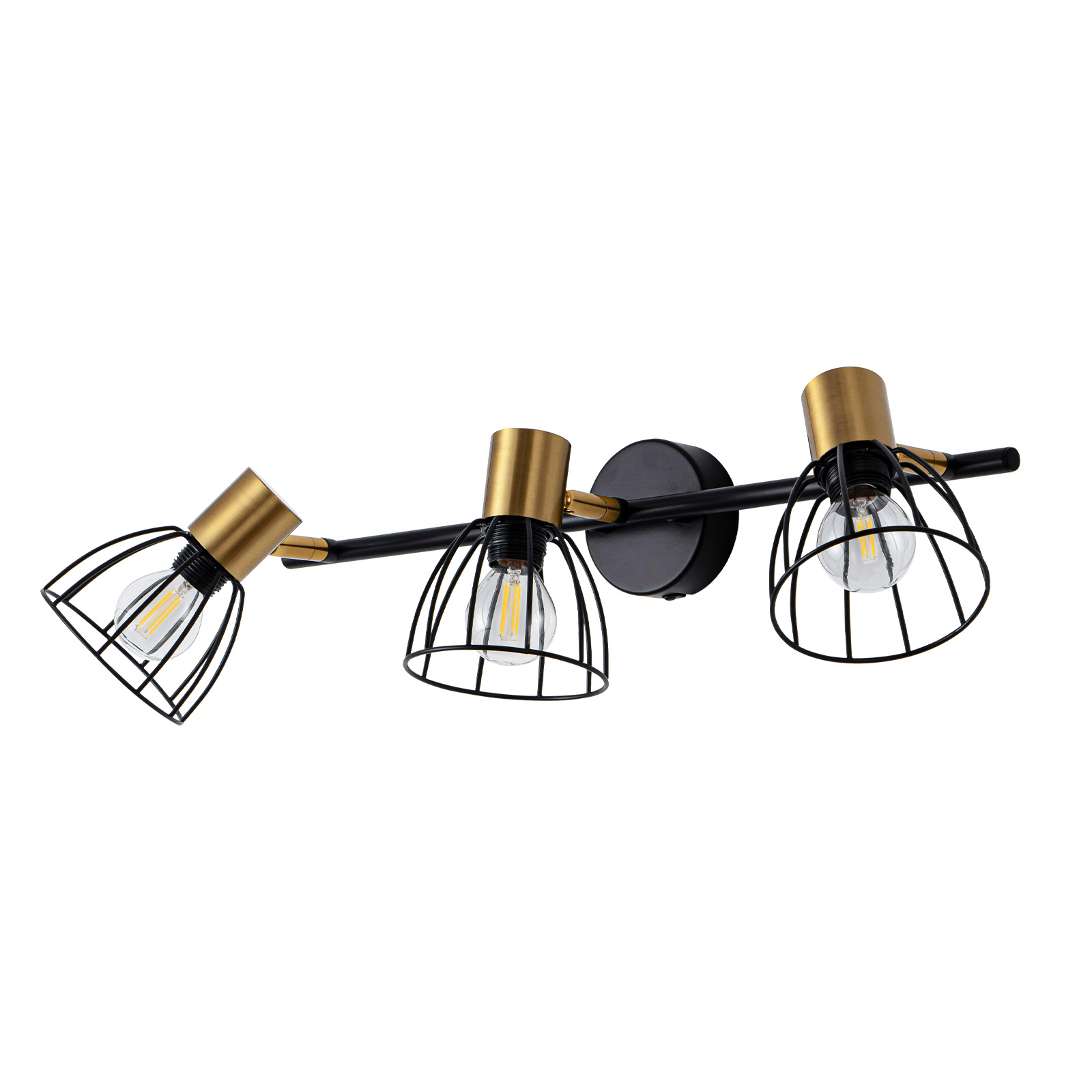 Un moderno lampadario nero e oro con tre lampadine a vista, su sfondo bianco.