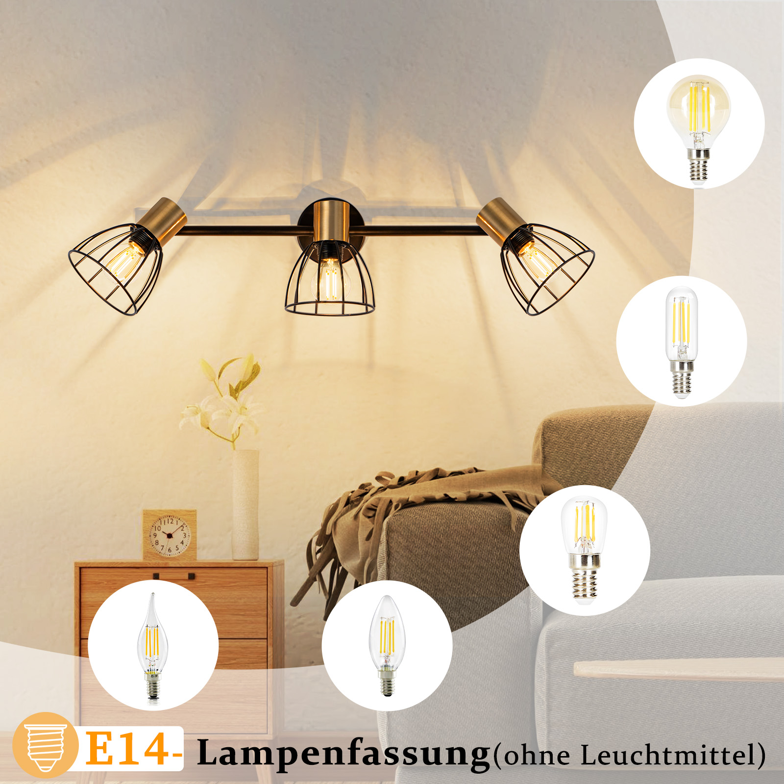 Una lampada moderna con tre luci. Vengono visualizzate diverse lampadine. Un orologio e un vaso sono su un tavolo di legno.