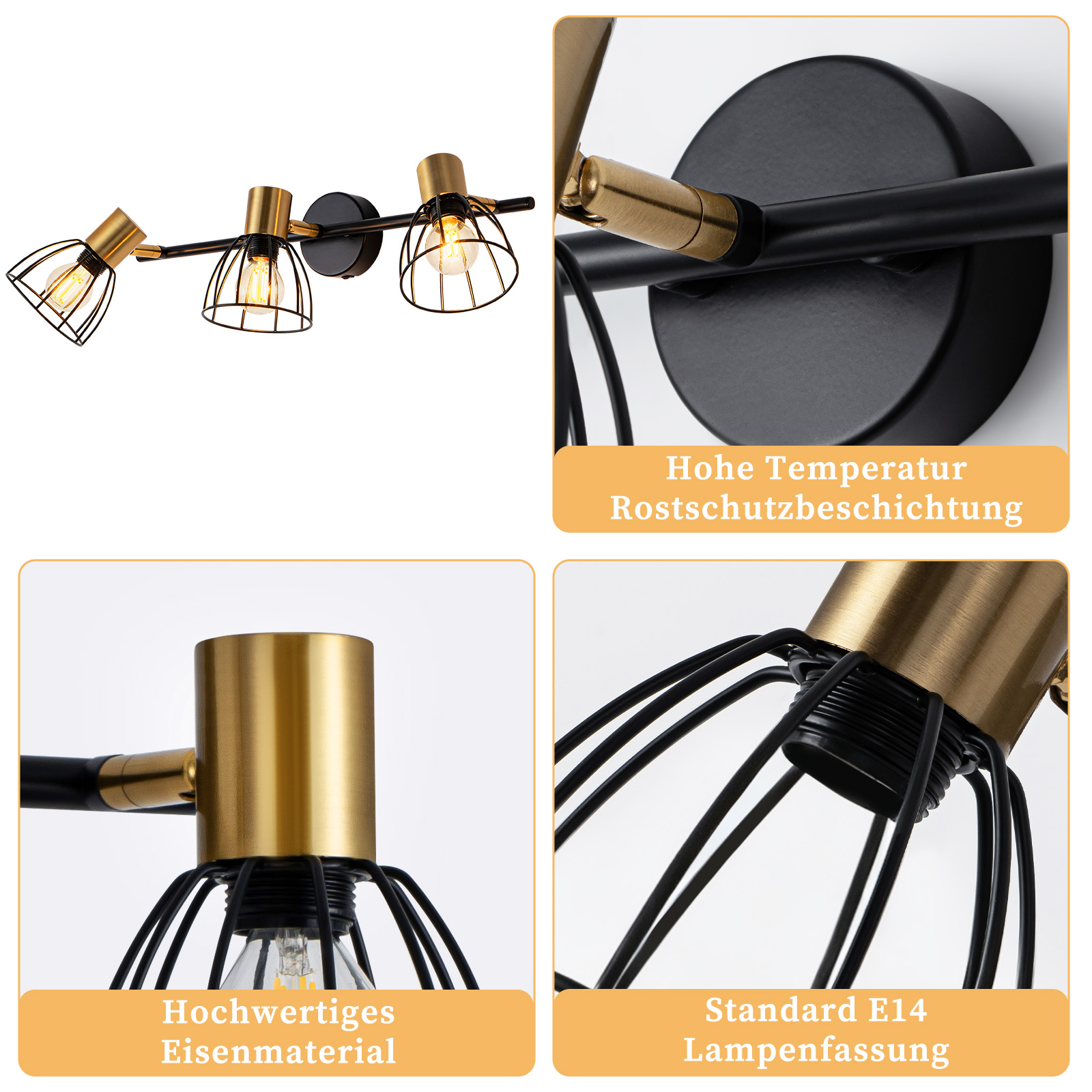 Un moderno apparecchio di illuminazione nero e oro con tre lampade regolabili, ciascuna con una lampadina in una gabbia.