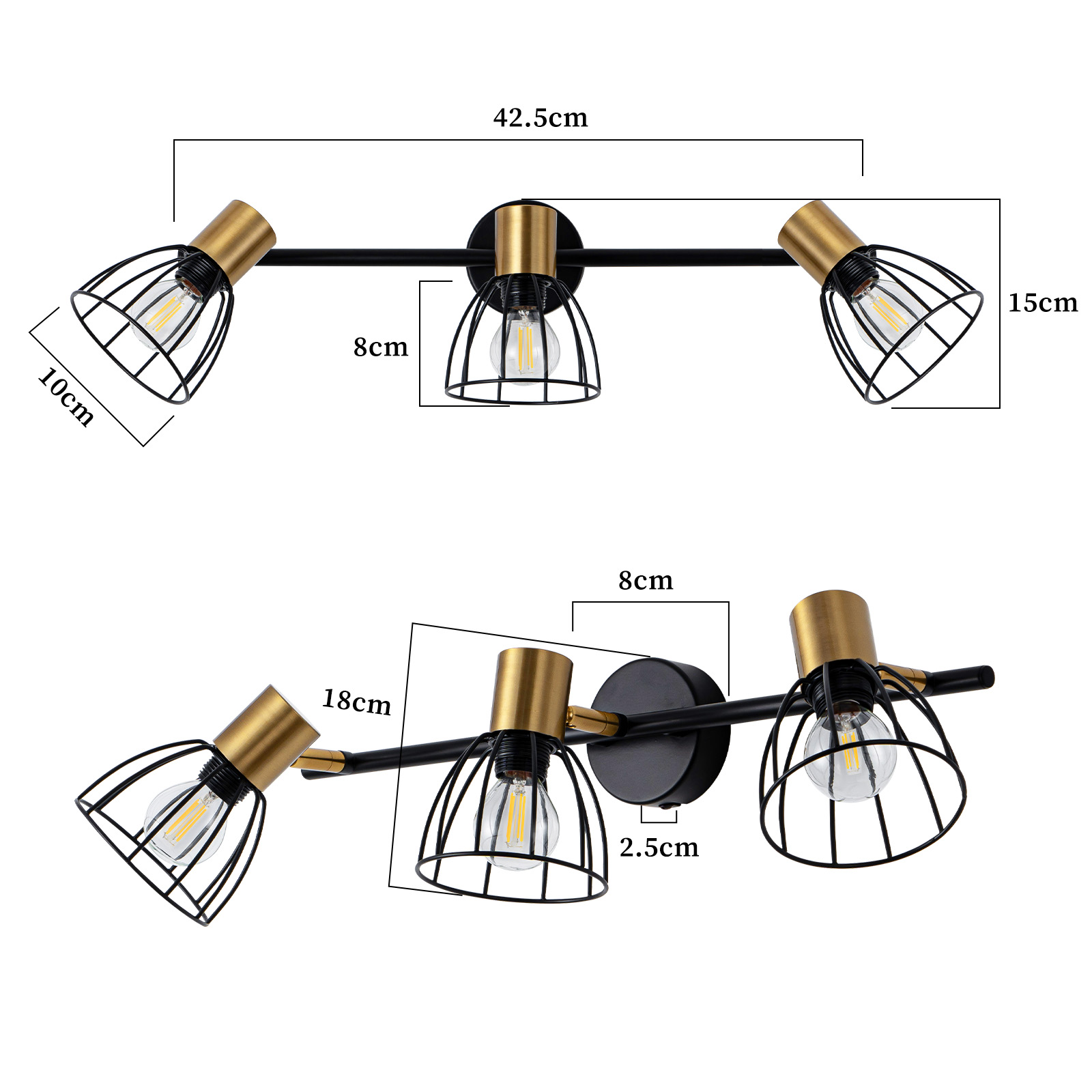 Apparecchio a spot nero e oro con tre luci, con paralumi a gabbia e lampadine visibili, le dimensioni sono indicate.