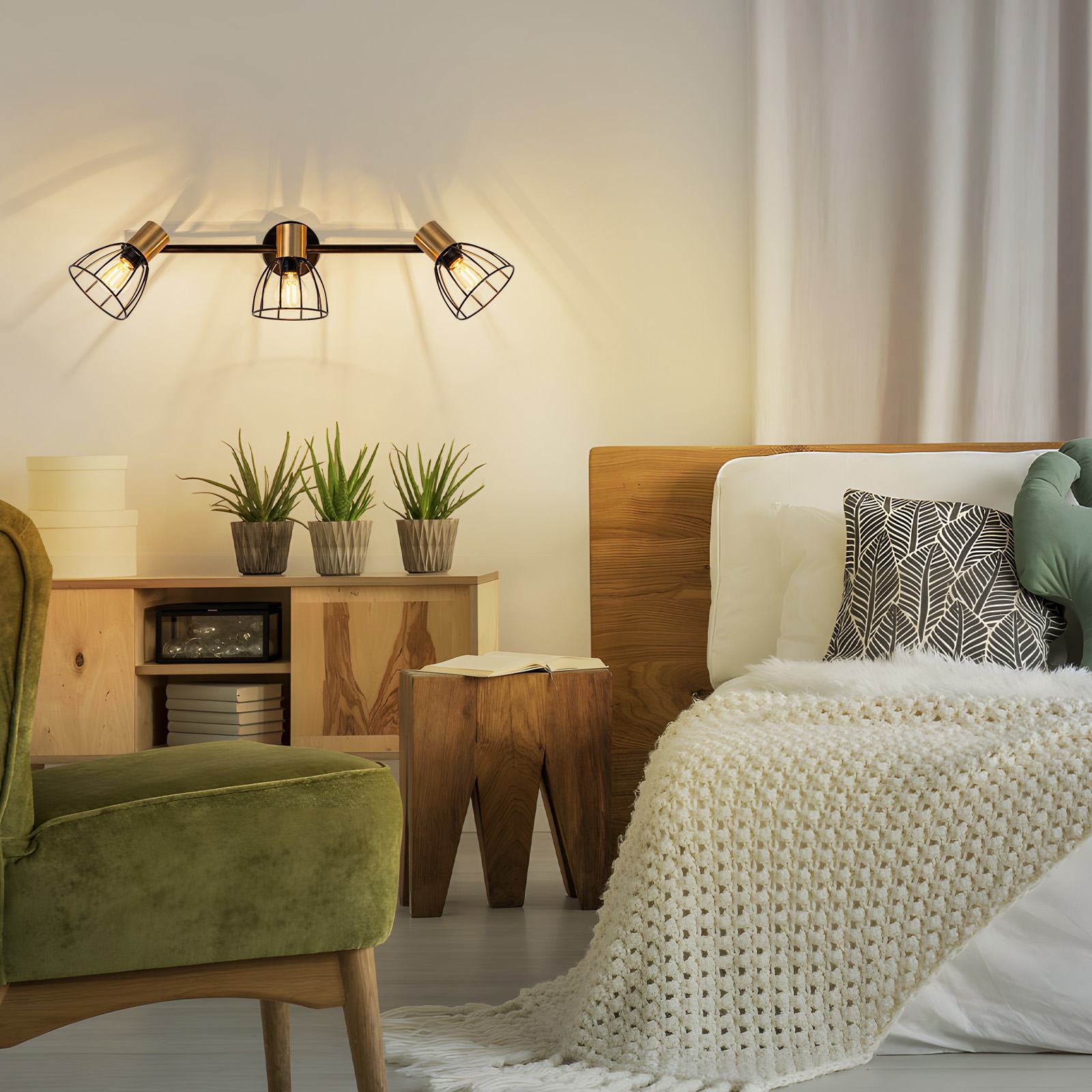 Camera da letto con letto, sedia verde, mobile in legno con piante e una lampada elegante.