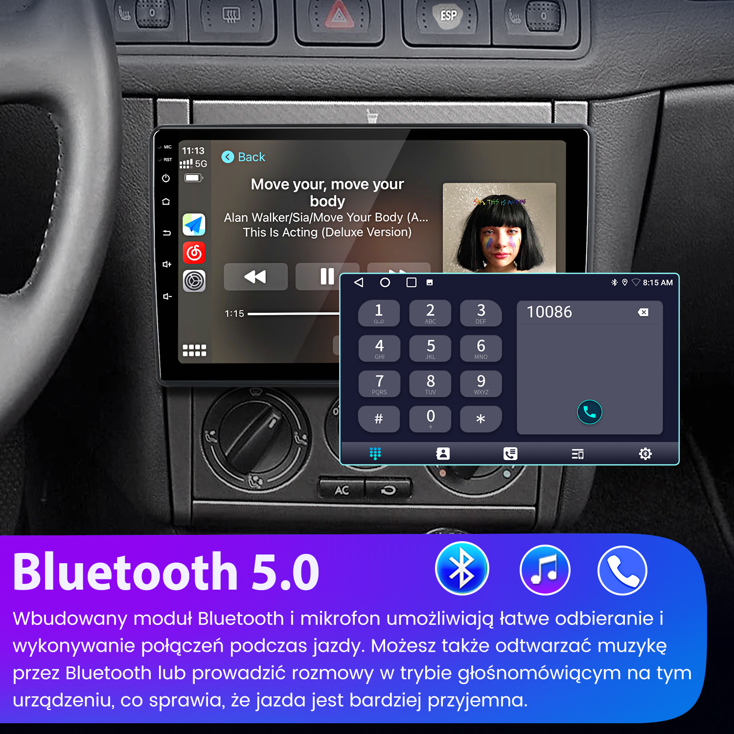 Radio samochodowe z odtwarzaną muzyką. Widoczna jest wybierarka numerów telefonu. Tekst Bluetooth 5.0 na dole, z ikonami Bluetooth.