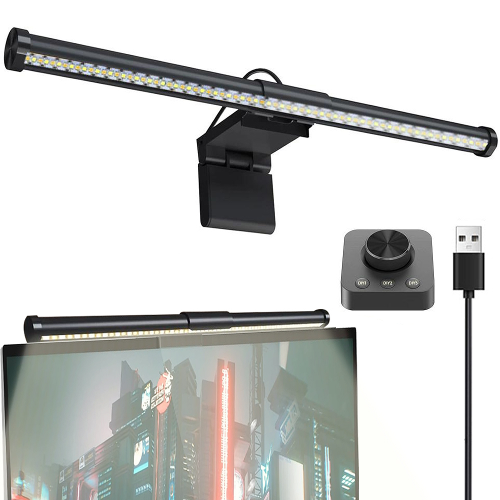 Una lampada da scrivania con una lunga barra luminosa e un selettore di controllo. Viene mostrato anche un cavo USB. La lampada è su un monitor.