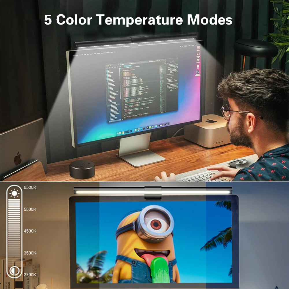 Un uomo usa un computer con luce sullo schermo. Sotto sono mostrati i livelli di luce e un'immagine di Minion. Un laptop è a sinistra.