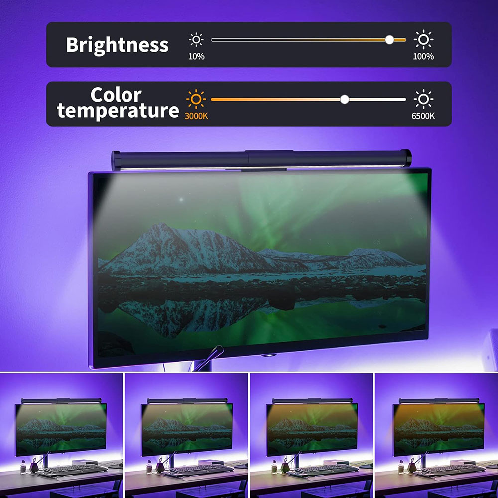 Monitor con barra luminosa, che mostra i controlli di luminosità e temperatura colore. Il monitor mostra un paesaggio montano con aurora.